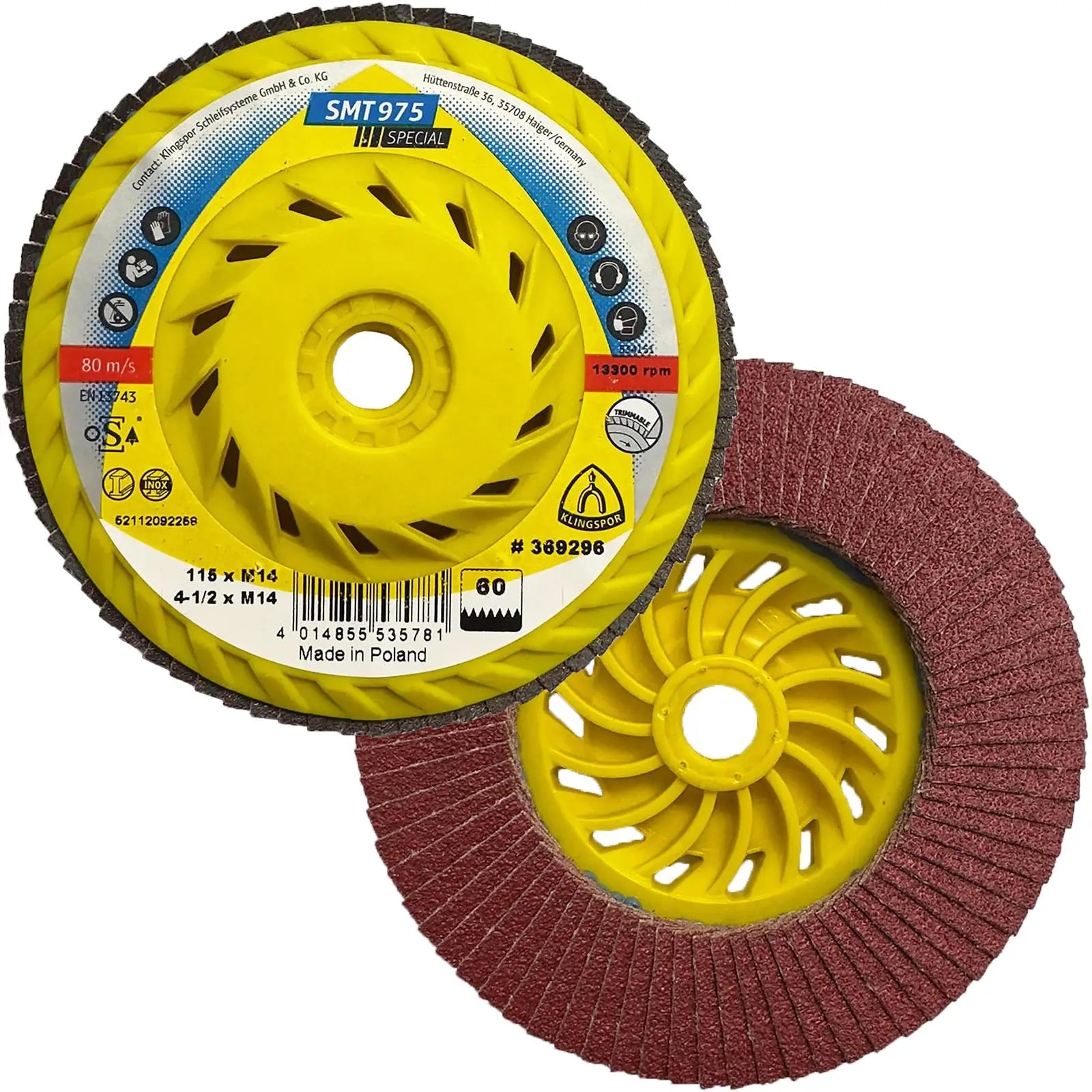 Klingspor Flap Disc Abrasive Mop Ceramic 115mm M14 Thread Trimmable Backing Plate SMT975 White Rose Tools