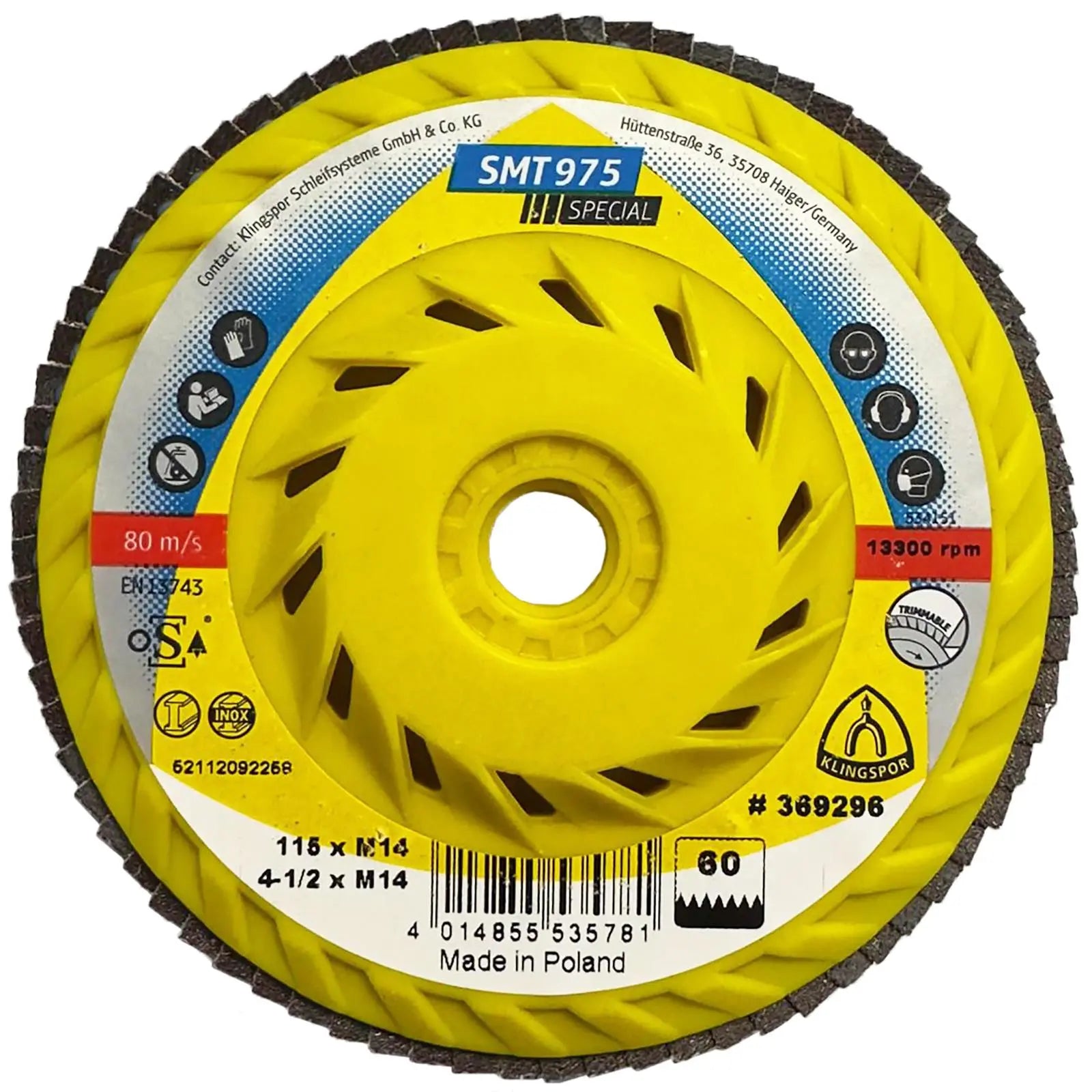 Klingspor Flap Disc Abrasive Mop Ceramic 115mm M14 Thread Trimmable Backing Plate SMT975 White Rose Tools
