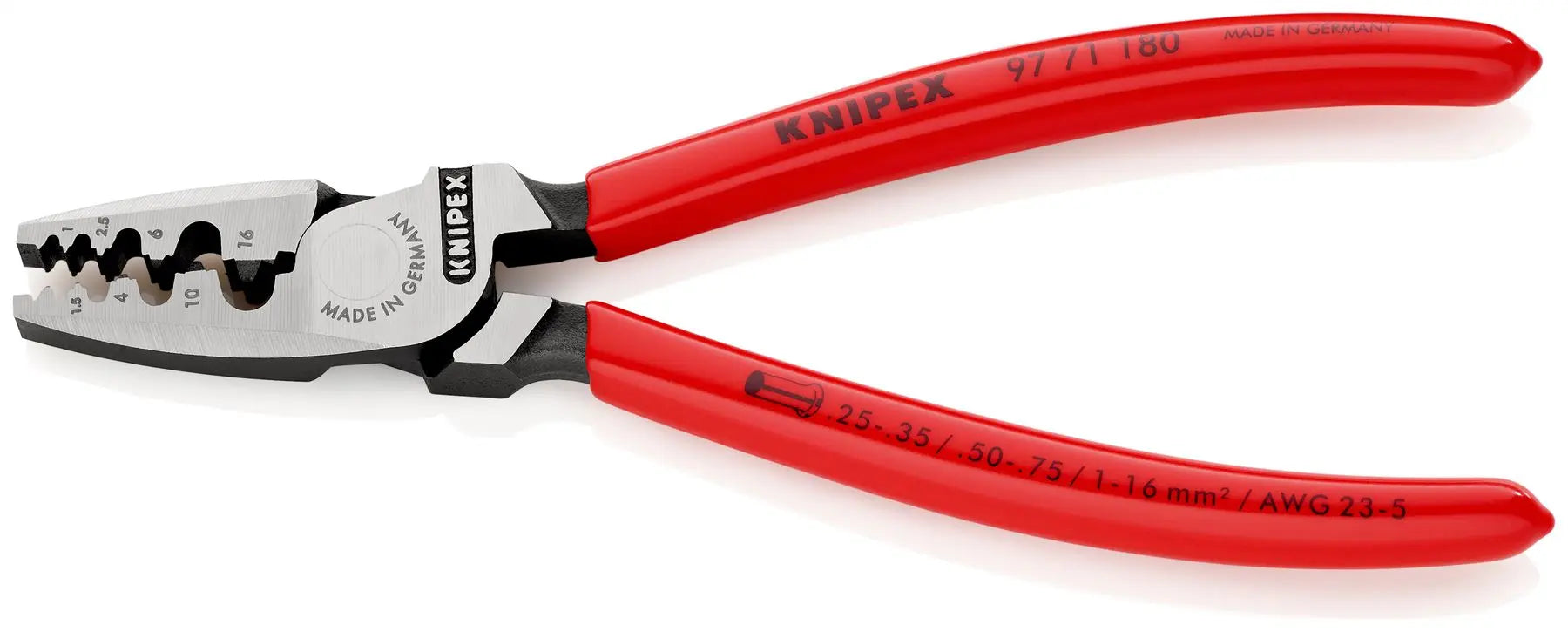 Knipex Crimping Pliers for Wire Ferrules 180mm 0.25-16mm² Capacity 97 71 180 White Rose Tools