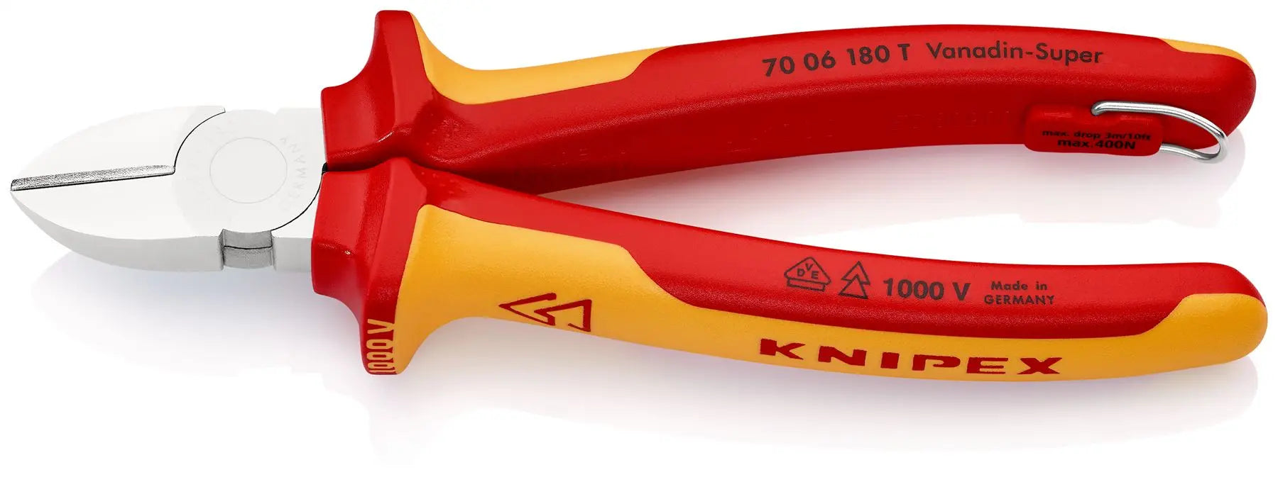 Knipex Diagonal Cutter Side Cutting Pliers 180mm Chrome VDE Insulated 1000V with Tether Point 70 06 180 T