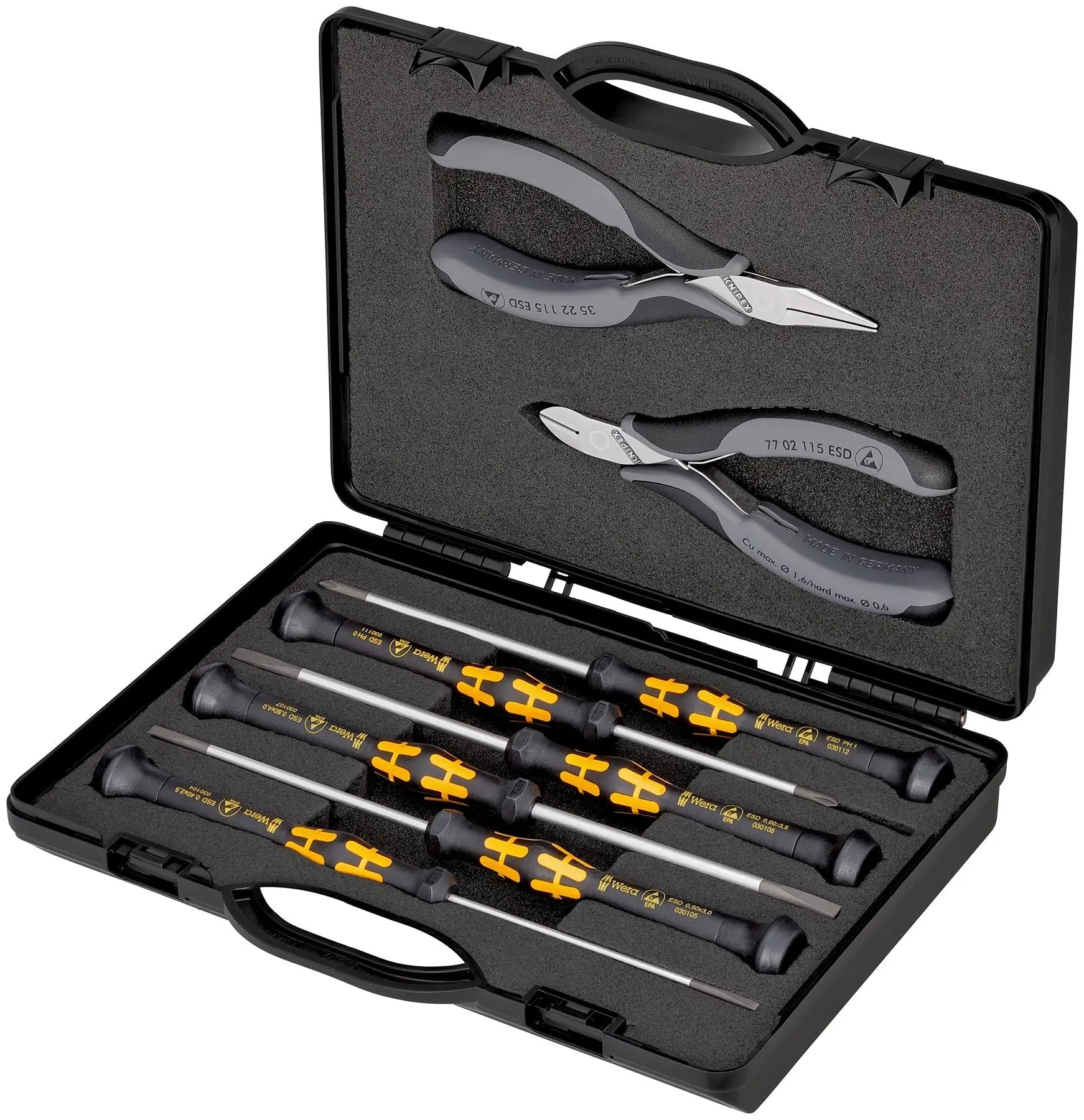 Knipex Electronics Pliers and Wera Precision Screwdriver Set ESD in Case 8 Pieces 00 20 18 ESD White Rose Tools