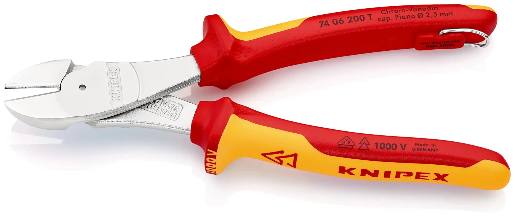 Knipex High Leverage Diagonal Cutter 200mm VDE Insulated 1000V with Tether Point 74 06 200 T