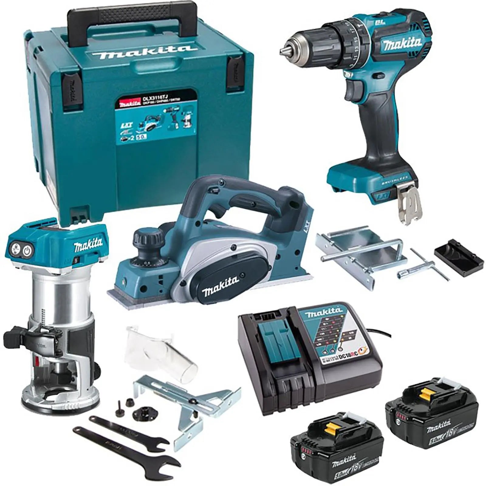 Makita 18V LXT Cordless Power Tool Kit DRT50Z Router DKP180Z Planer DHP485Z Combi Drill DLX3116TJ White Rose Tools