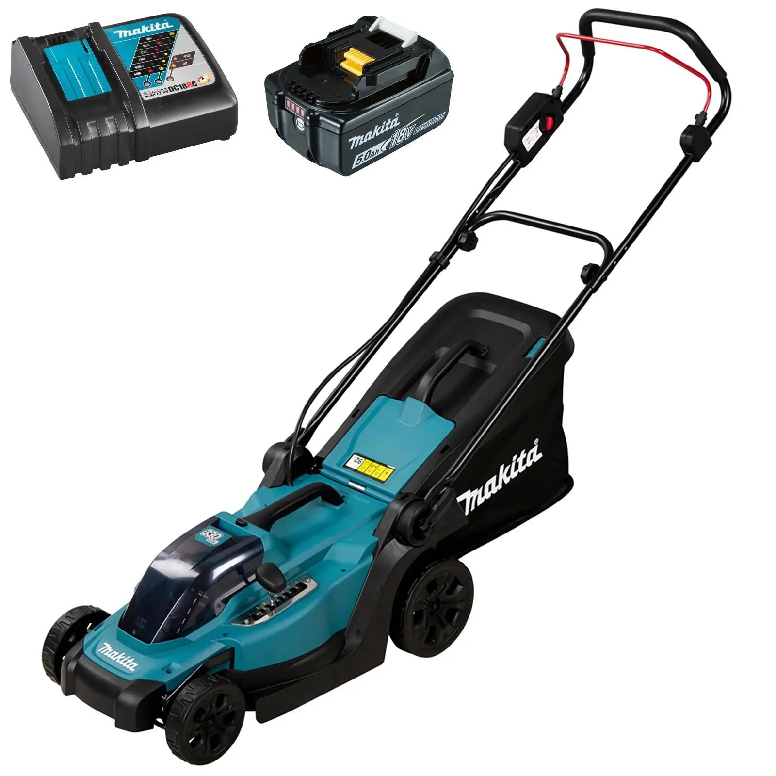Makita 33cm Lawn Mower Kit 18V LXT Li-ion Cordless Garden Grass Outdoor 5Ah Battery and Charger DLM330RT White Rose Tools
