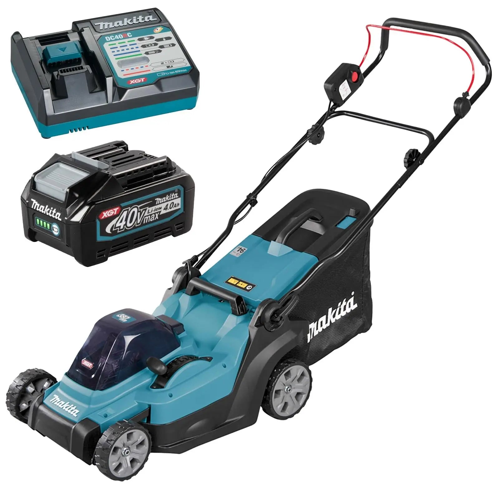 Makita 38cm Lawn Mower Kit 40V Max XGT Li-ion Cordless Garden Grass Outdoor 4Ah Battery and Charger LM003GM103  White Rose Tools