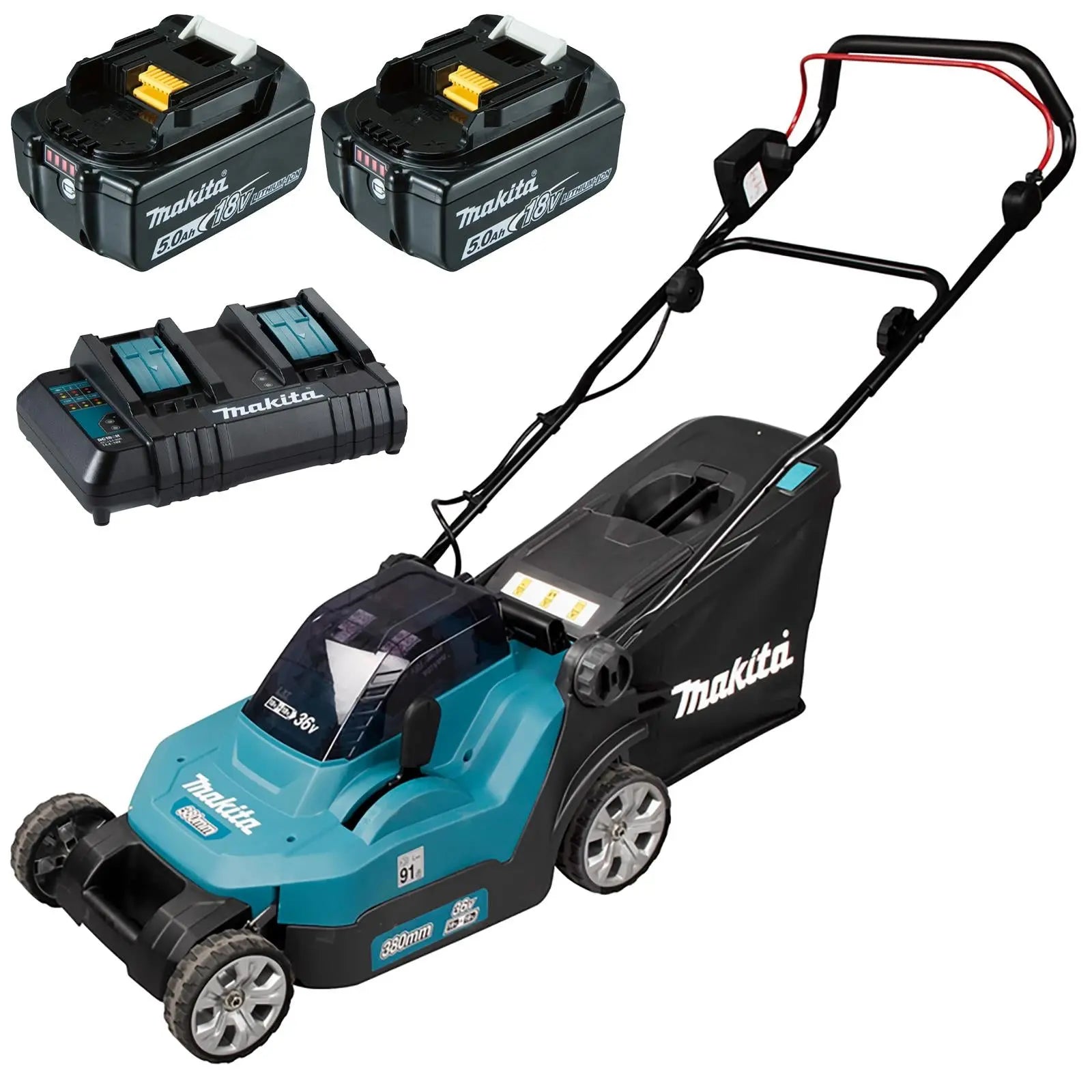 Makita 38cm Lawn Mower Kit Twin 18V LXT Li-ion Cordless Garden Grass Outdoor 2 x 5Ah Battery and Dual Charger DLM382CT2  White Rose Tools