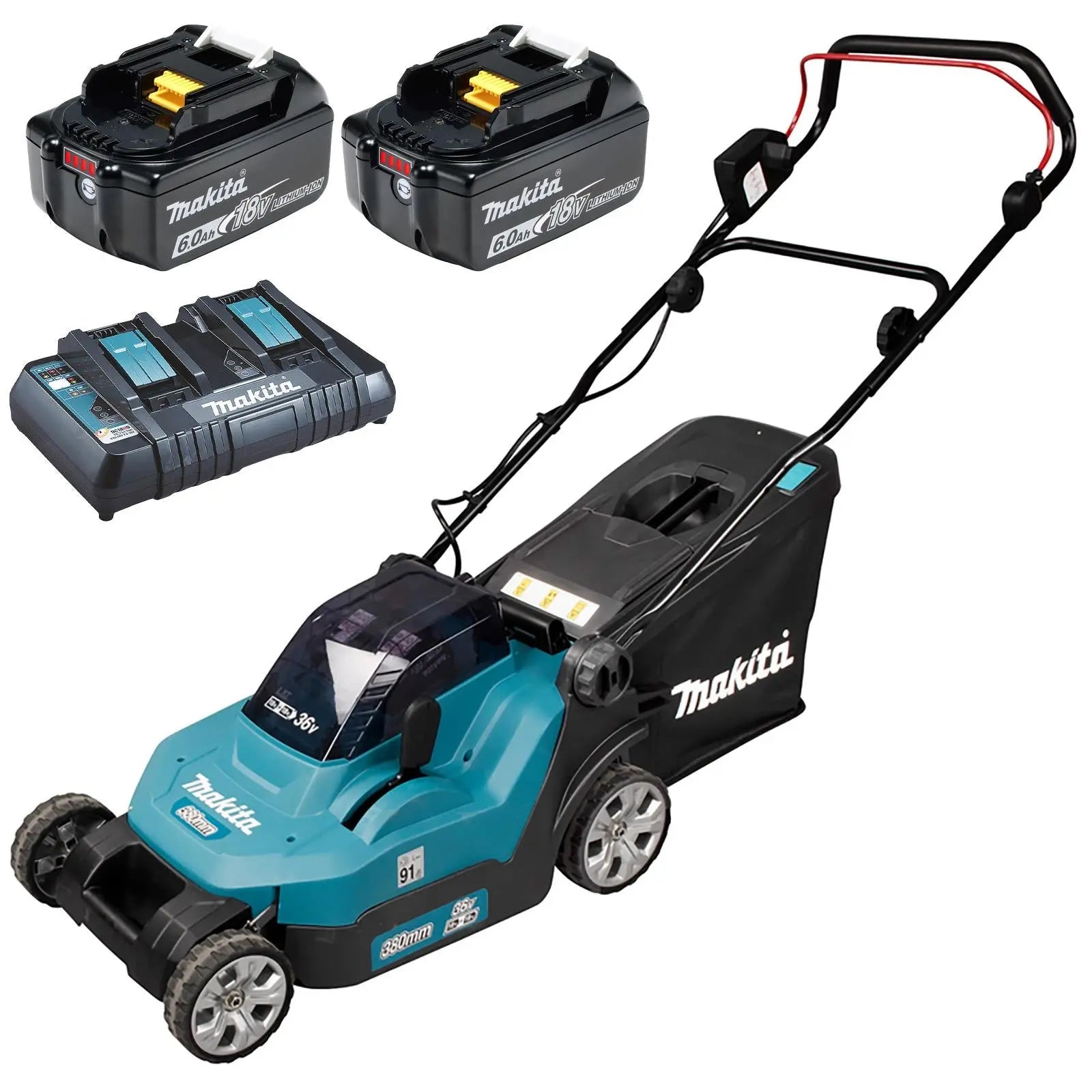 Makita 38cm Lawn Mower Kit Twin 18V LXT Li-ion Cordless Garden Grass Outdoor 2 x 6Ah Battery and Dual Rapid Charger DLM382PG2  White Rose Tools