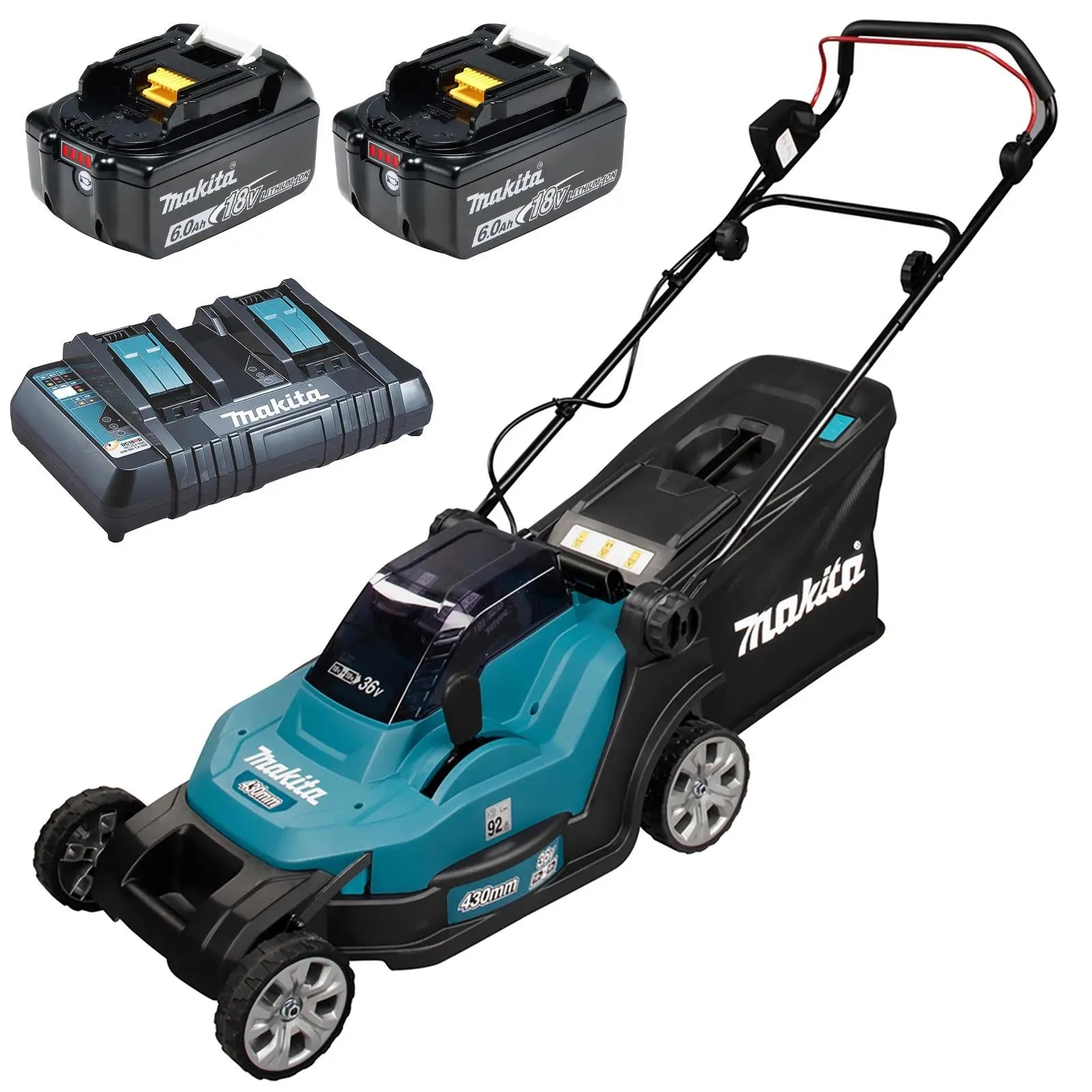 Makita 43cm Lawn Mower Kit Twin 18V LXT Li-ion Cordless Garden Grass Outdoor 2 x 6Ah Battery and Dual Rapid Charger DLM432PG2  White Rose Tools