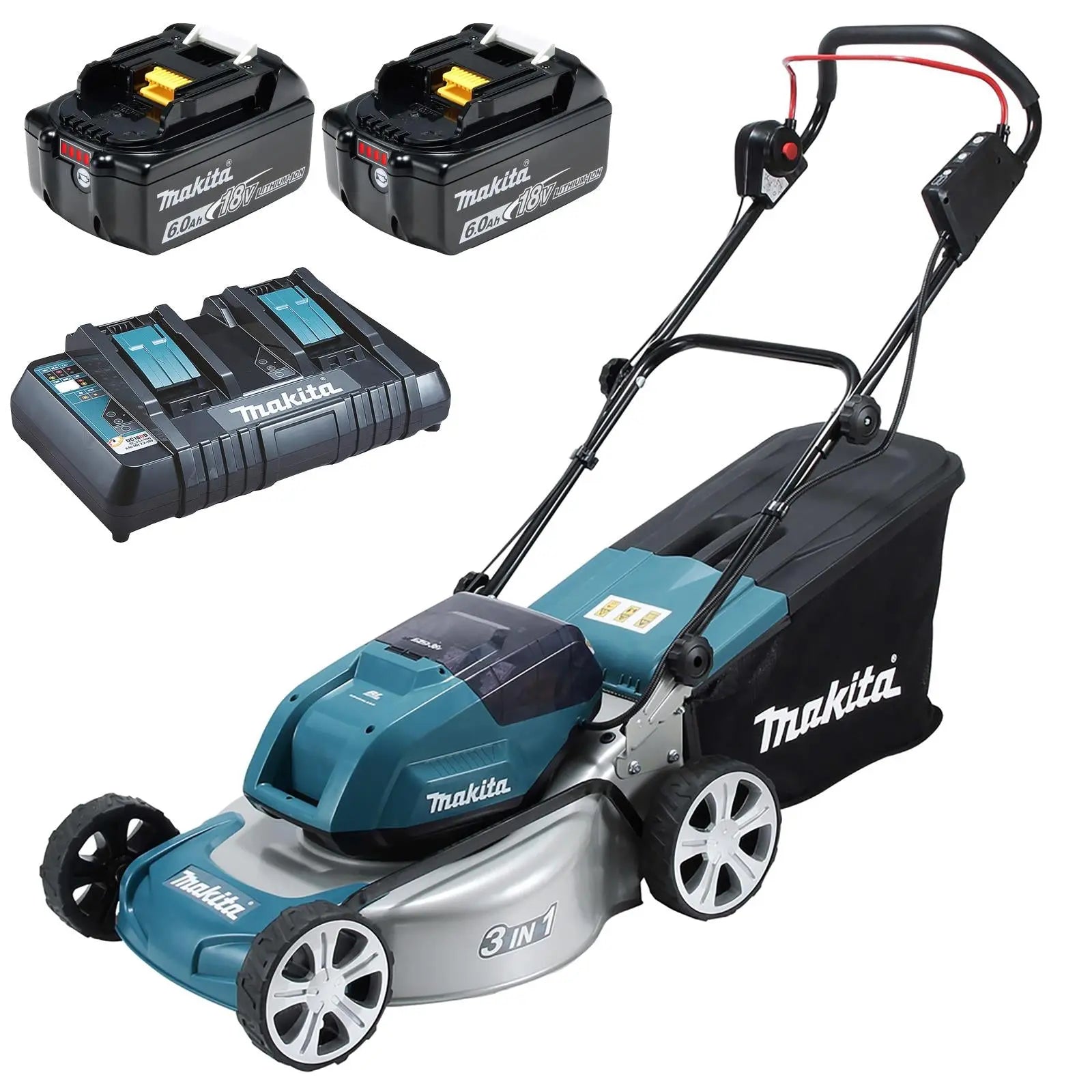 Makita 46cm Lawn Mower Kit Twin 18V LXT Li-ion Cordless Garden Grass Outdoor 2 x 6Ah Battery and Dual Rapid Charger DLM460PG2  White Rose Tools