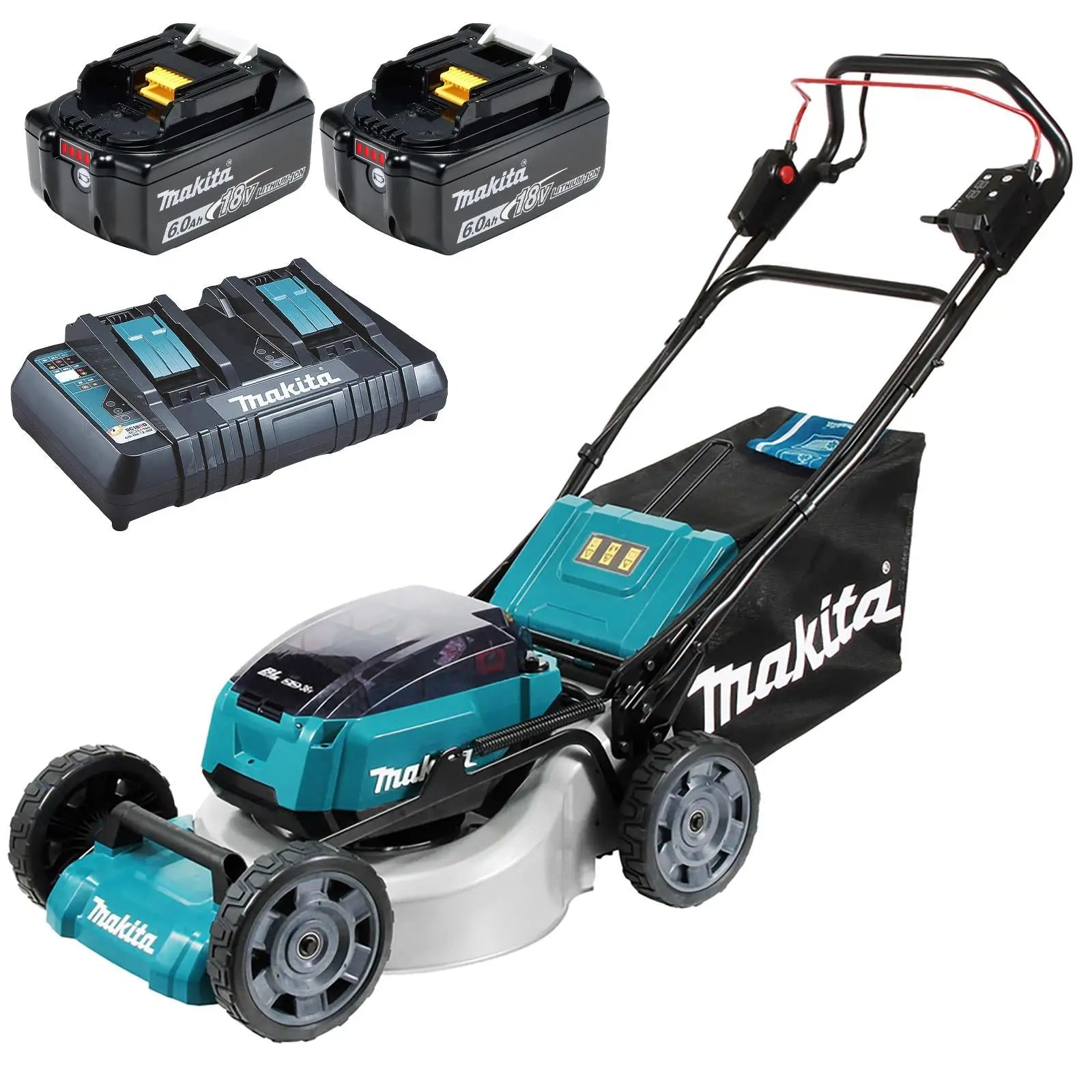 Makita 46cm Lawn Mower Kit Twin 18V LXT Li-ion Cordless Garden Grass Outdoor 2 x 6Ah Battery and Dual Rapid Charger DLM462PG2  White Rose Tools