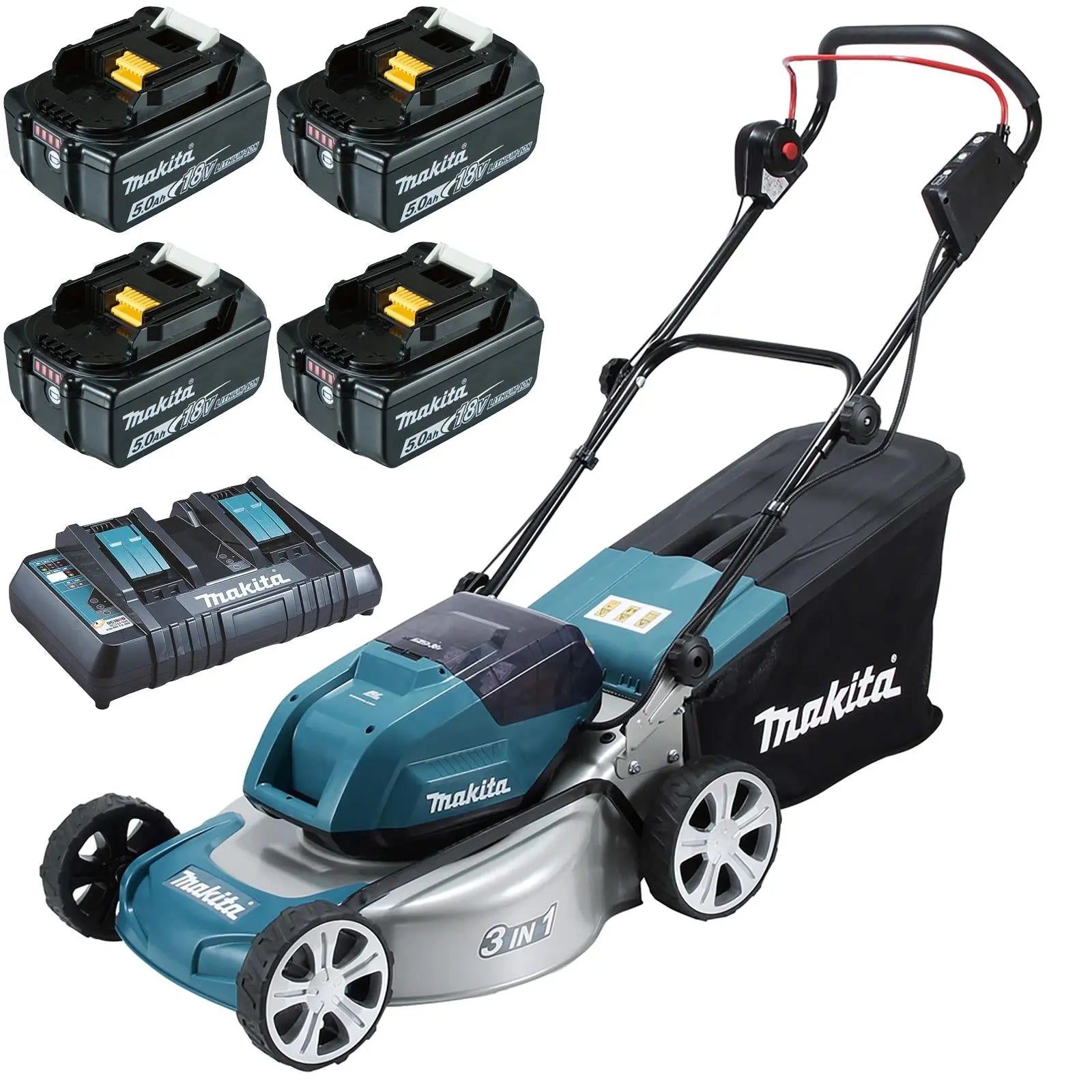 Makita 46cm Lawn Mower Kit Twin 18V LXT Li-ion Cordless Garden Grass Outdoor 4 x 5Ah Battery and Dual Rapid Charger DLM460PT4  White Rose Tools