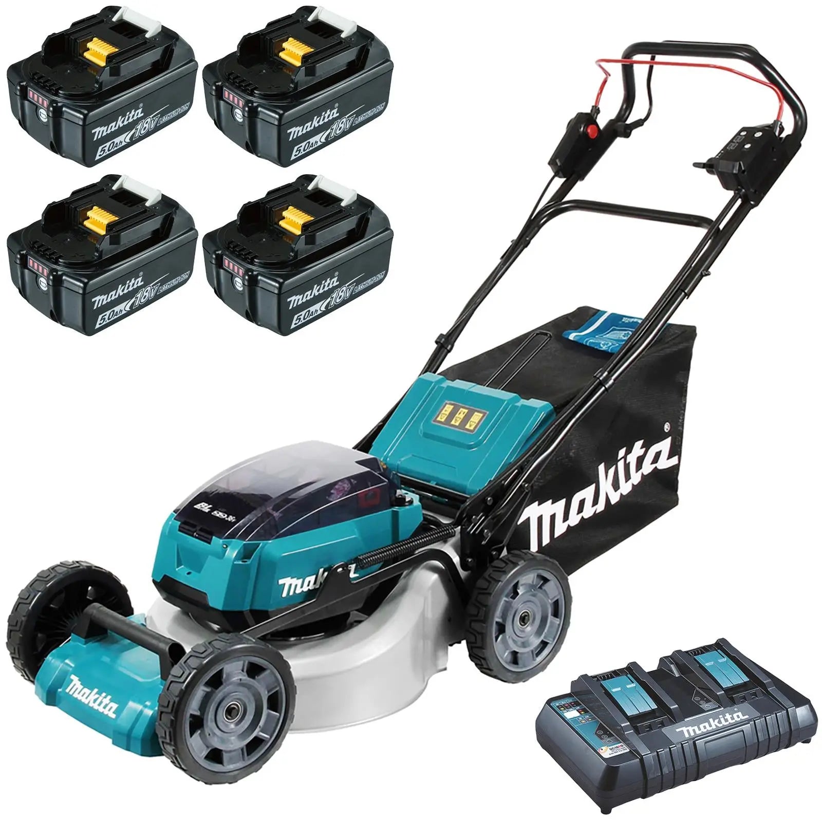 Makita 46cm Lawn Mower Kit Twin 18V LXT Li-ion Cordless Garden Grass Outdoor 4 x 5Ah Battery and Dual Rapid Charger DLM462PT4  White Rose Tools