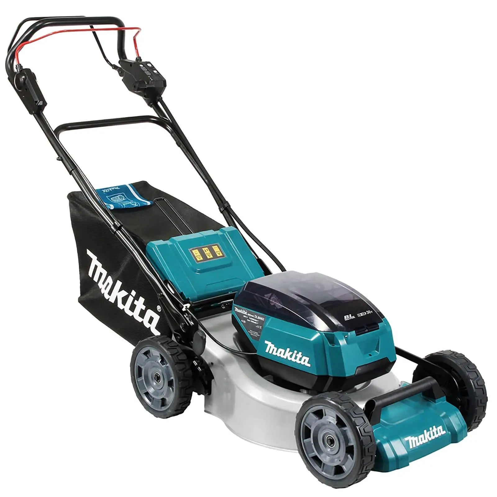 Makita 46cm Lawn Mower Kit Twin 18V LXT Li-ion Cordless Garden Grass Outdoor 4 x 5Ah Battery and Dual Rapid Charger DLM462PT4  White Rose Tools