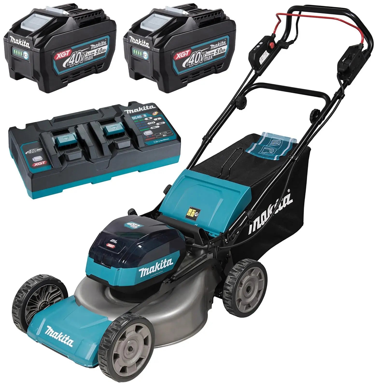 Makita 48cm Lawn Mower 40V Max XGT Li-ion Cordless Garden Grass Outdoor 2 x 5Ah Battery and Dual Fast Charger LM001GT204  White Rose Tools