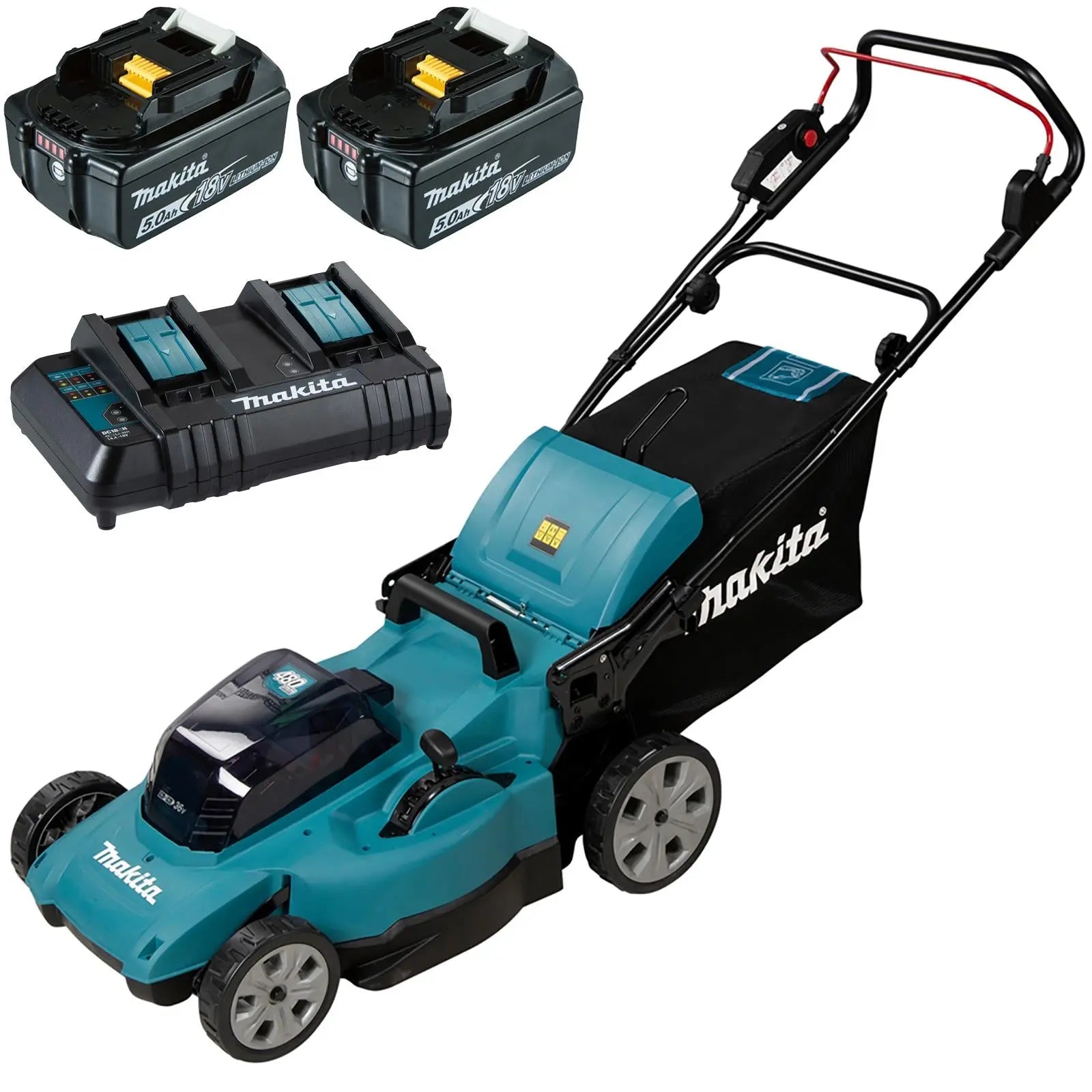 Makita 48cm Lawn Mower Kit Twin 18V LXT Li-ion Cordless Garden Grass Outdoor 2 x 5Ah Battery and Dual Charger DLM480CT2  White Rose Tools