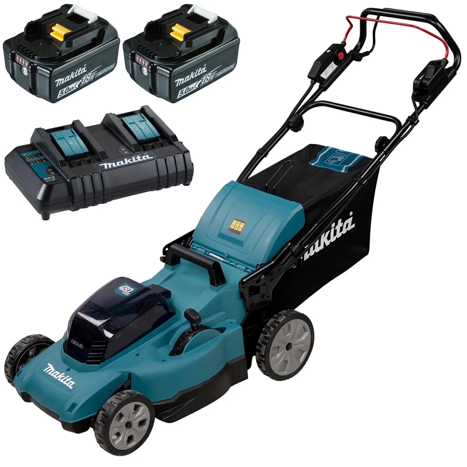 Makita 48cm Lawn Mower Kit Twin 18V LXT Li-ion Cordless Garden Grass Outdoor 2 x 5Ah Battery and Dual Charger DLM481CT2  White Rose Tools