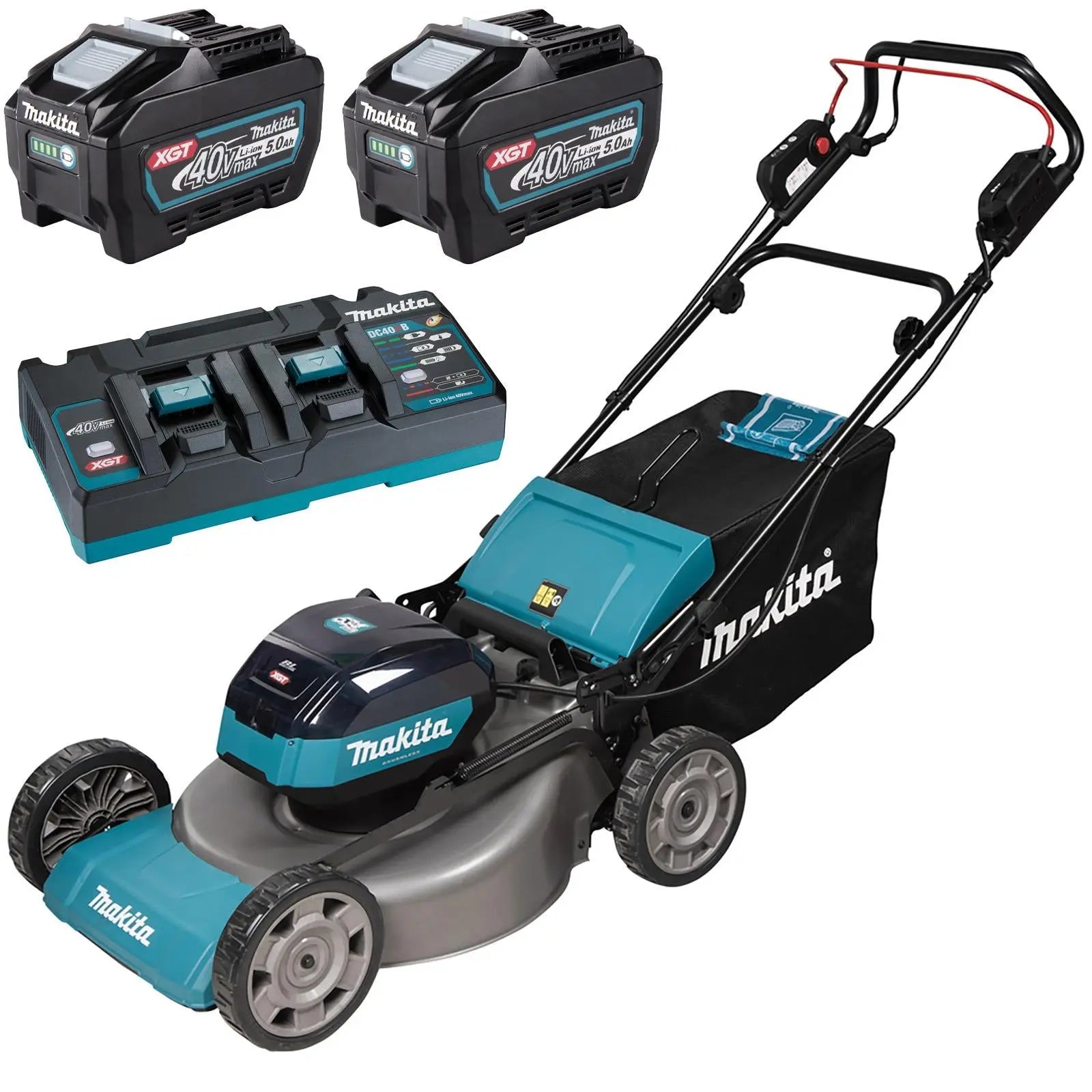 Makita 53cm Lawn Mower 40V Max XGT Li-ion Cordless Garden Grass Outdoor 2 x 5Ah Battery and Dual Fast Charger LM002GT204  White Rose Tools