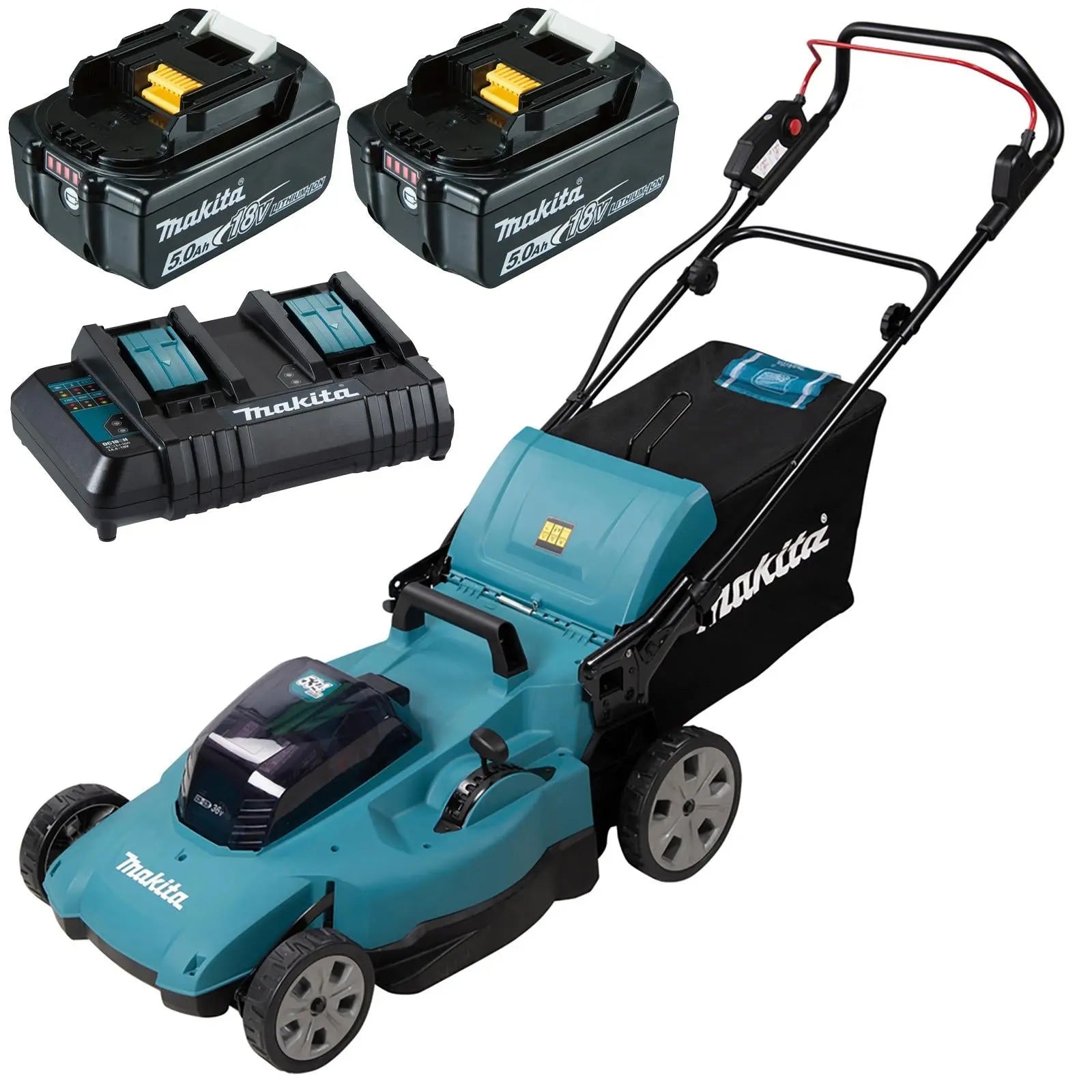 Makita 53cm Lawn Mower Kit Twin 18V LXT Li-ion Cordless Garden Grass Outdoor 2 x 5Ah Battery and Dual Charger DLM538CT2  White Rose Tools