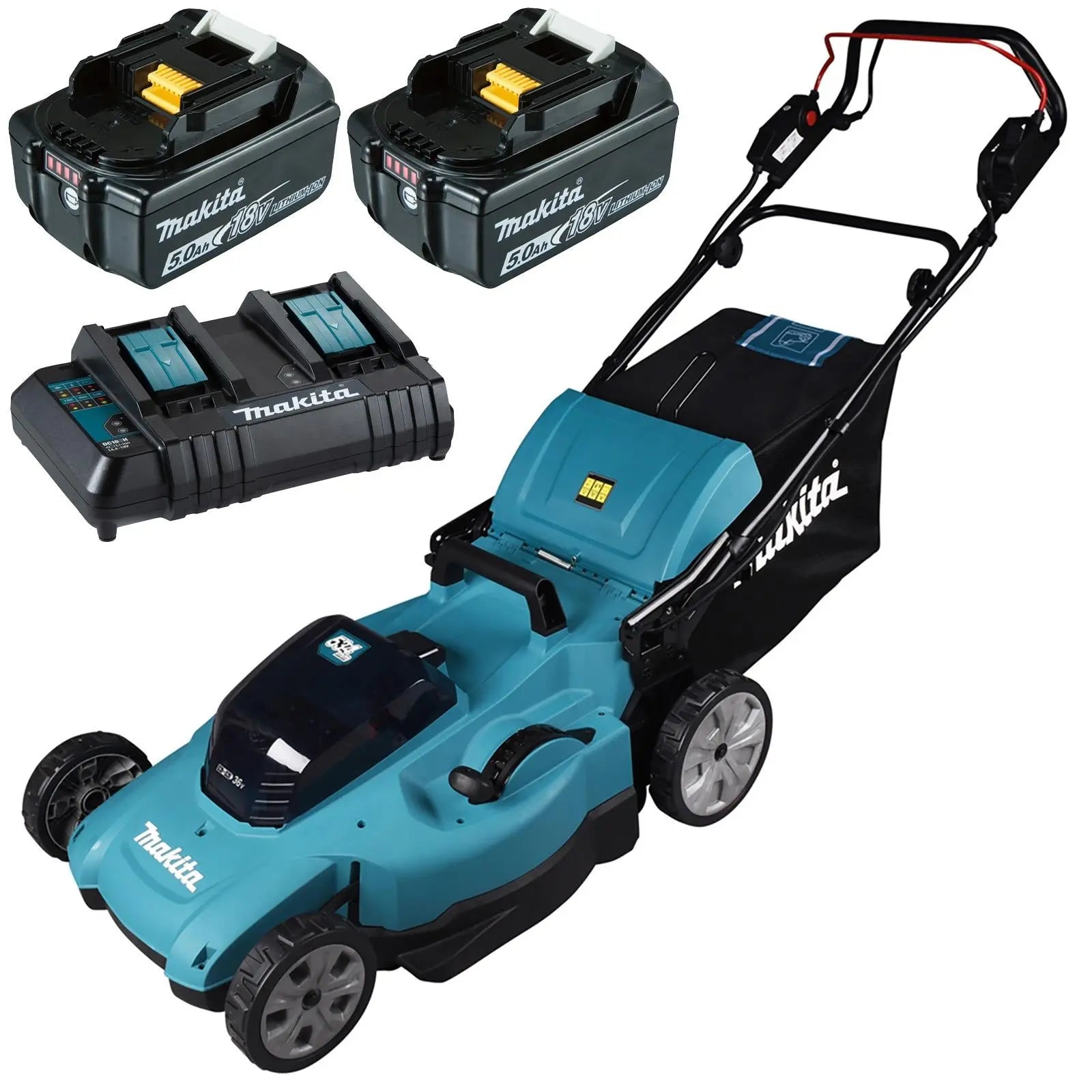 Makita 53cm Lawn Mower Kit Twin 18V LXT Li-ion Cordless Garden Grass Outdoor 2 x 5Ah Battery and Dual Charger DLM539CT2  White Rose Tools