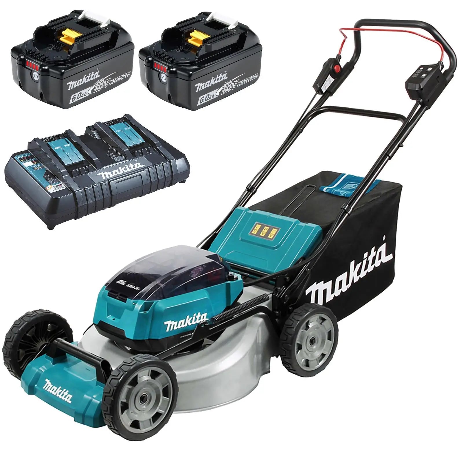 Makita 53cm Lawn Mower Kit Twin 18V LXT Li-ion Cordless Garden Grass Outdoor 2 x 6Ah Battery and Dual Rapid Charger DLM530PG2  White Rose Tools