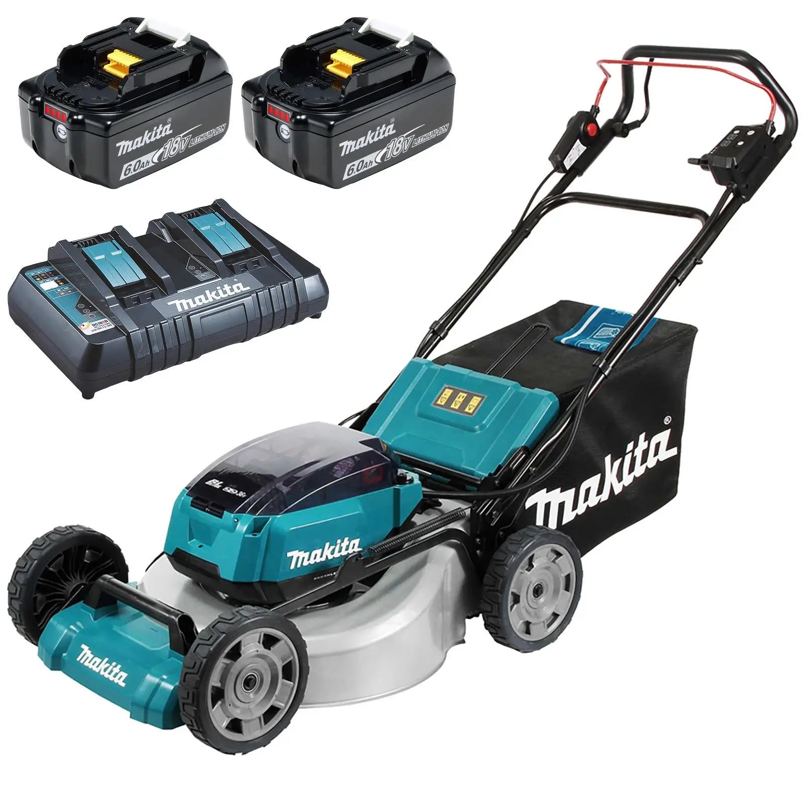 Makita 53cm Lawn Mower Kit Twin 18V LXT Li-ion Cordless Garden Grass Outdoor 2 x 6Ah Battery and Dual Rapid Charger DLM532PG2  White Rose Tools