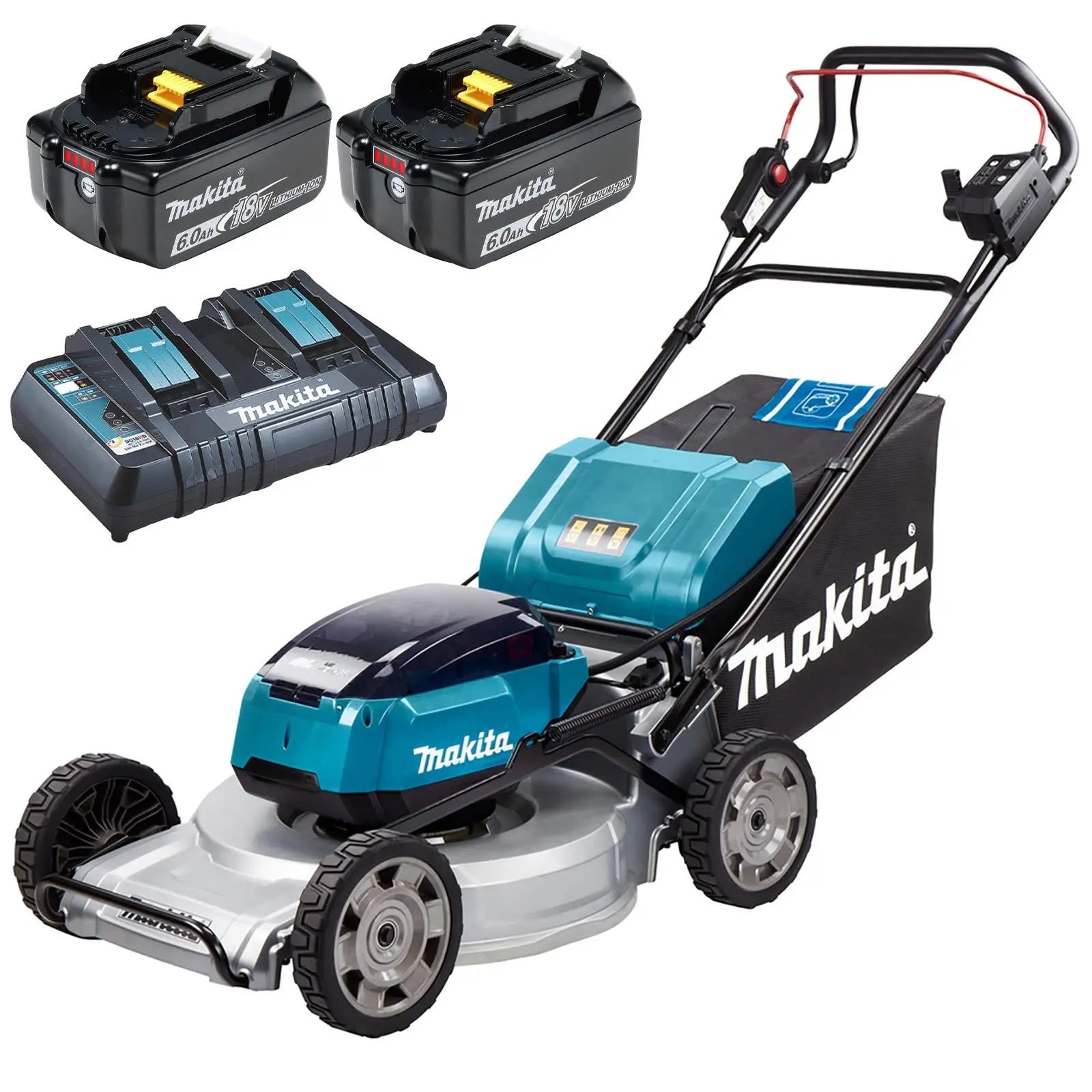 Makita 53cm Lawn Mower Kit Twin 18V LXT Li-ion Cordless Garden Grass Outdoor 2 x 6Ah Battery and Dual Rapid Charger DLM533PG2  White Rose Tools