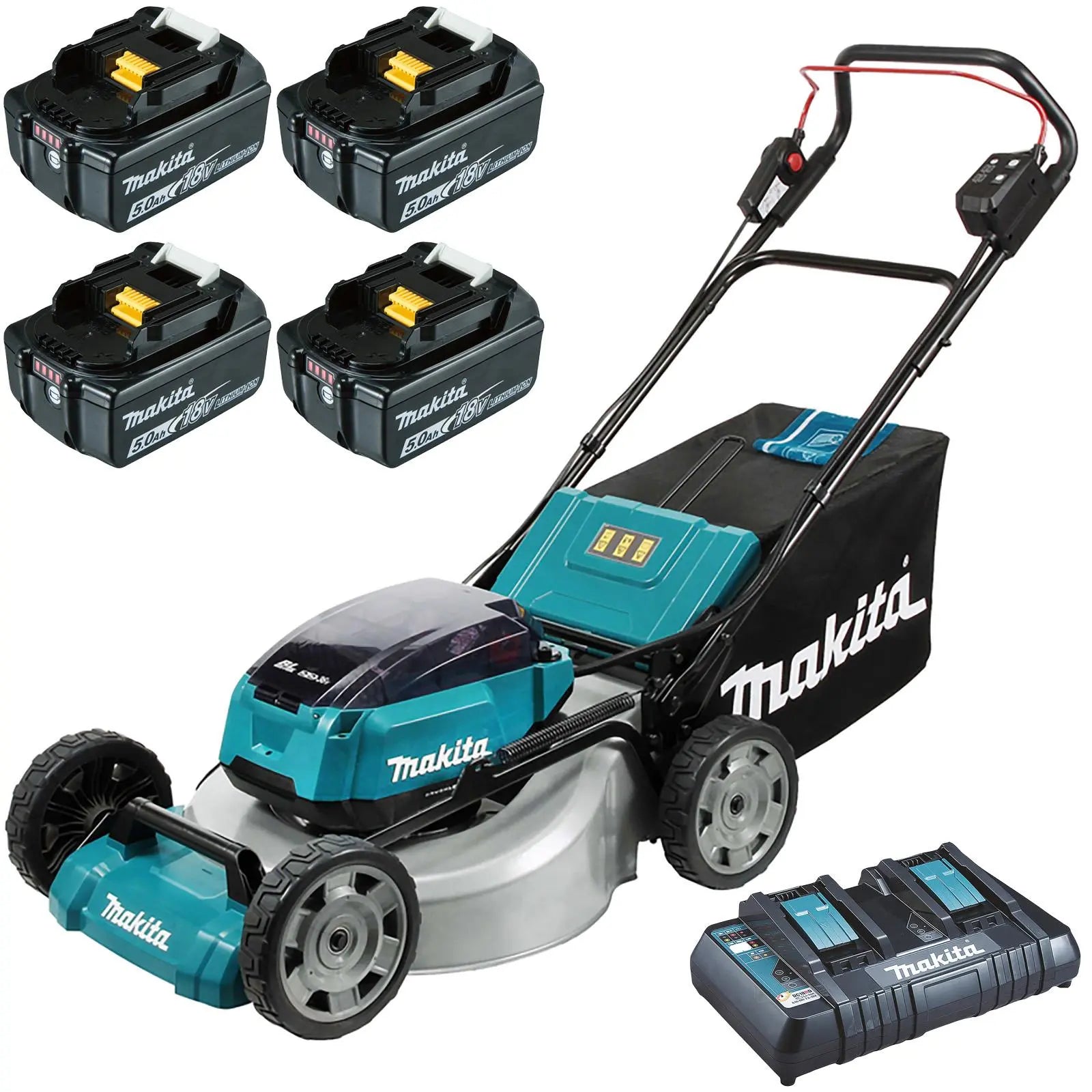 Makita 53cm Lawn Mower Kit Twin 18V LXT Li-ion Cordless Garden Grass Outdoor 4 x 5Ah Battery and Dual Rapid Charger DLM530PT4  White Rose Tools