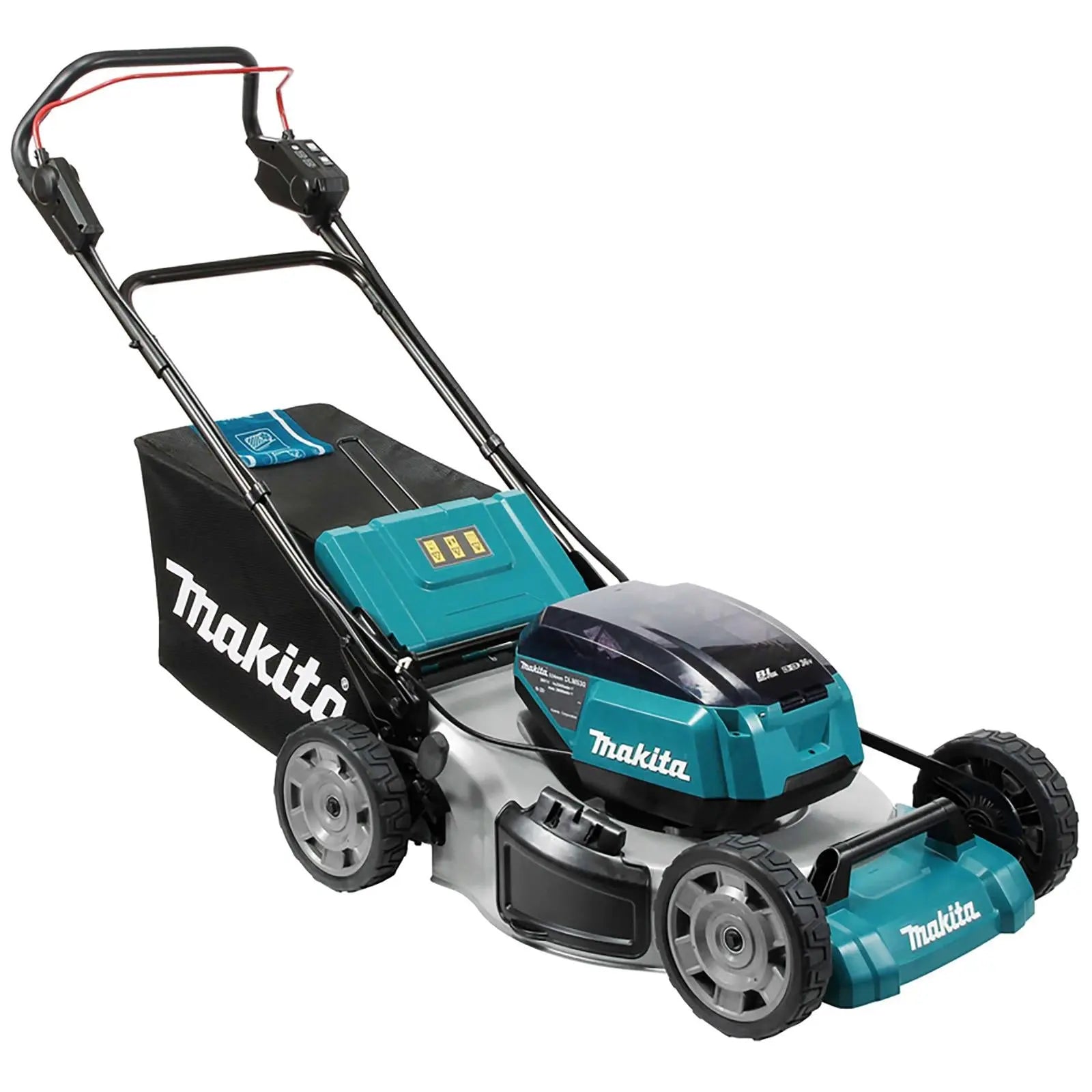 Makita 53cm Lawn Mower Kit Twin 18V LXT Li-ion Cordless Garden Grass Outdoor 4 x 5Ah Battery and Dual Rapid Charger DLM530PT4  White Rose Tools