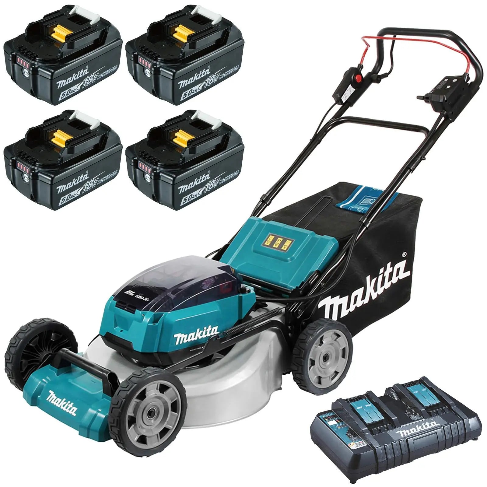 Makita 53cm Lawn Mower Kit Twin 18V LXT Li-ion Cordless Garden Grass Outdoor 4 x 5Ah Battery and Dual Rapid Charger DLM532PT4  White Rose Tools