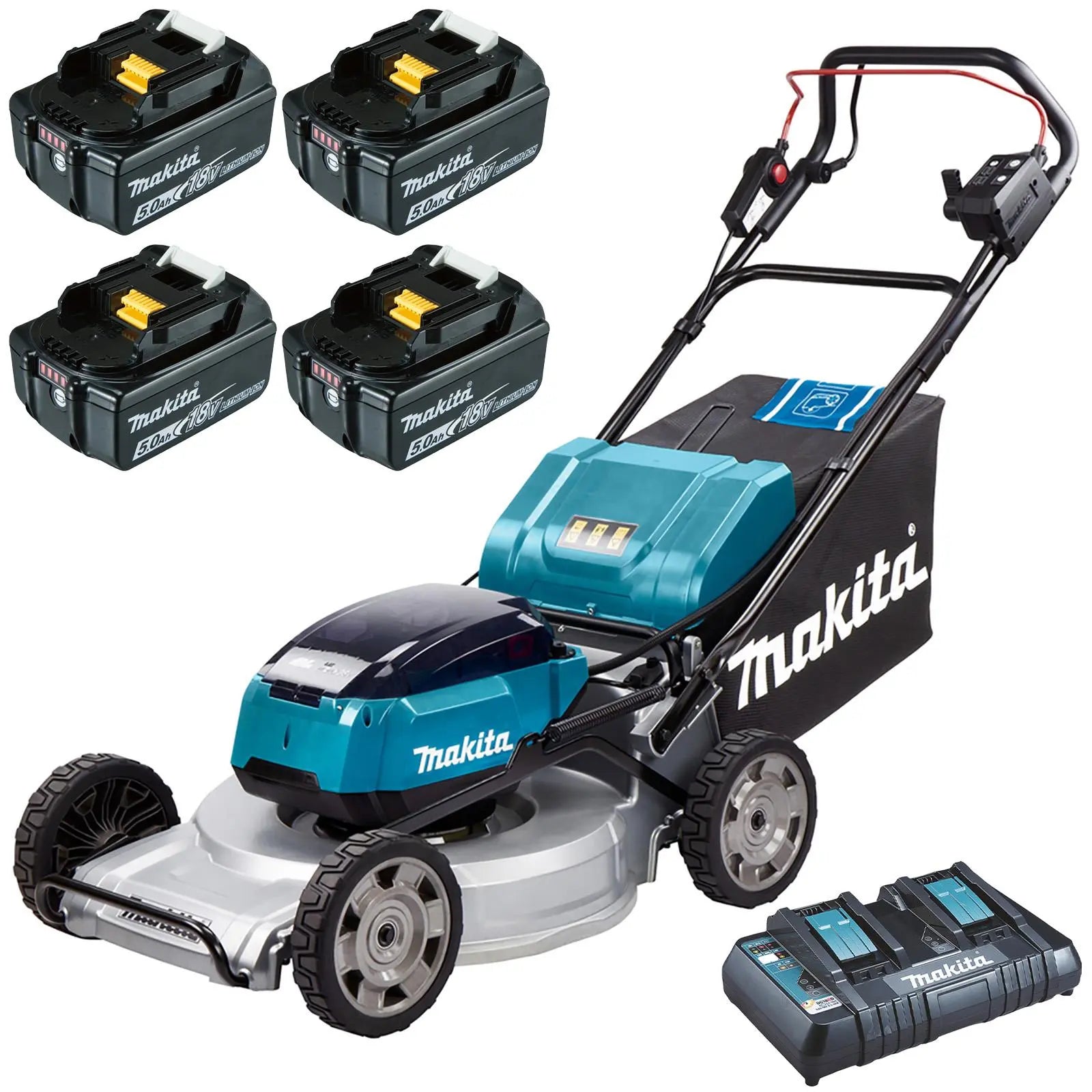 Makita 53cm Lawn Mower Kit Twin 18V LXT Li-ion Cordless Garden Grass Outdoor 4 x 5Ah Battery and Dual Rapid Charger DLM533PT4  White Rose Tools