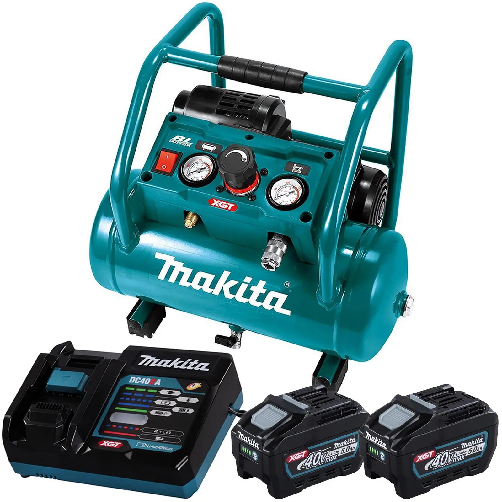Makita Air Compressor XGT 40V Max Brushless Cordless 2 x 5Ah Batteries Rapid Charger AC001GT201 White Rose Tools