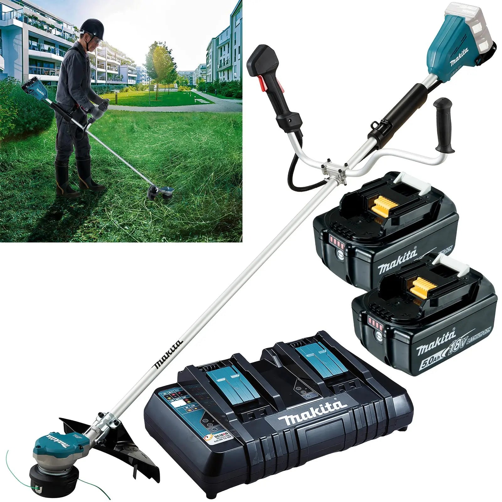 Makita Brush Cutter Kit 2 x 18V LXT Brushless Cordless Garden Lawn Strimming 2 x 5Ah Battery and Dual Rapid Charger DUR368APT2  White Rose Tools
