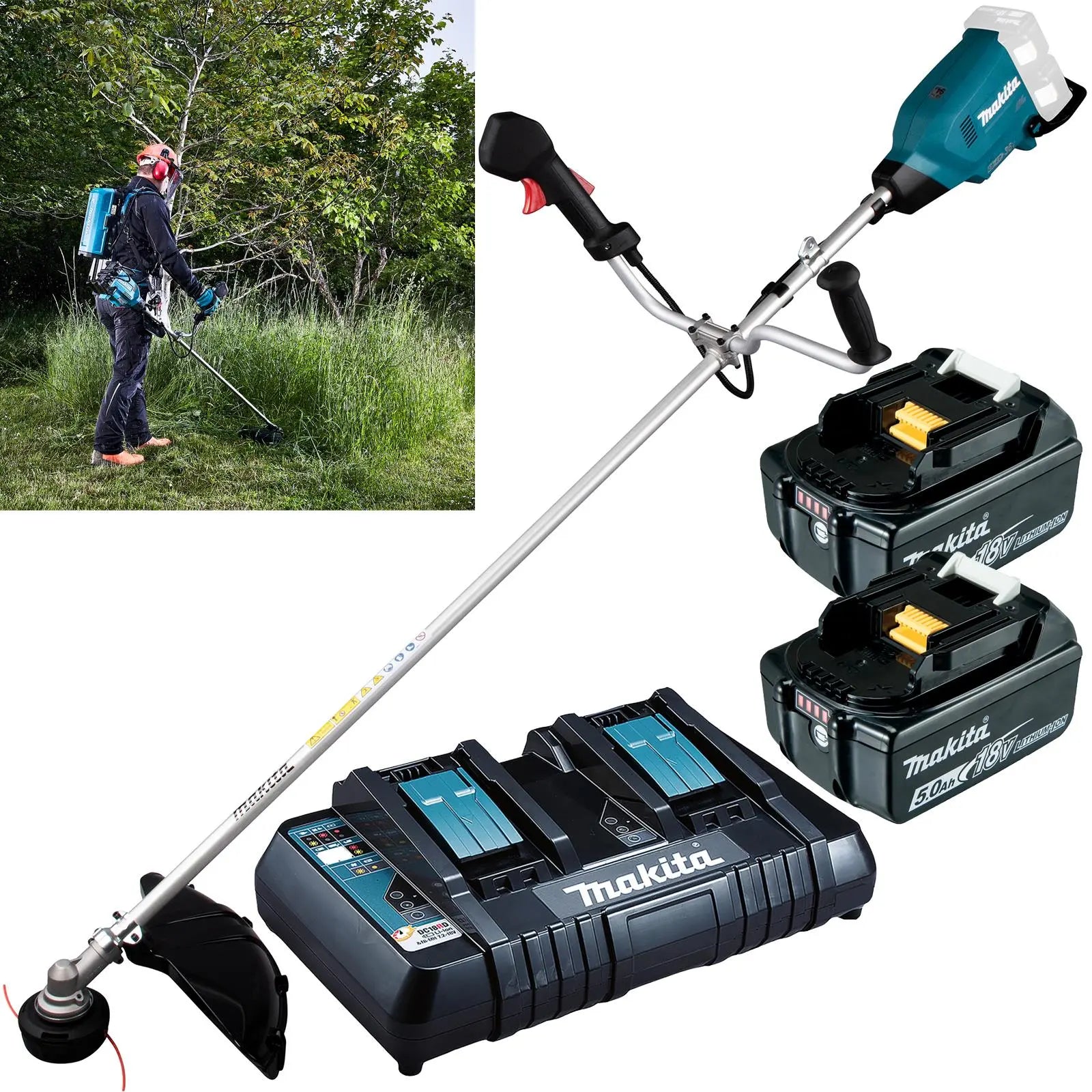 Makita Brush Cutter Kit 2 x 18V LXT Brushless Cordless Garden Lawn Strimming 2 x 5Ah Battery and Dual Rapid Charger DUR369APT2  White Rose Tools