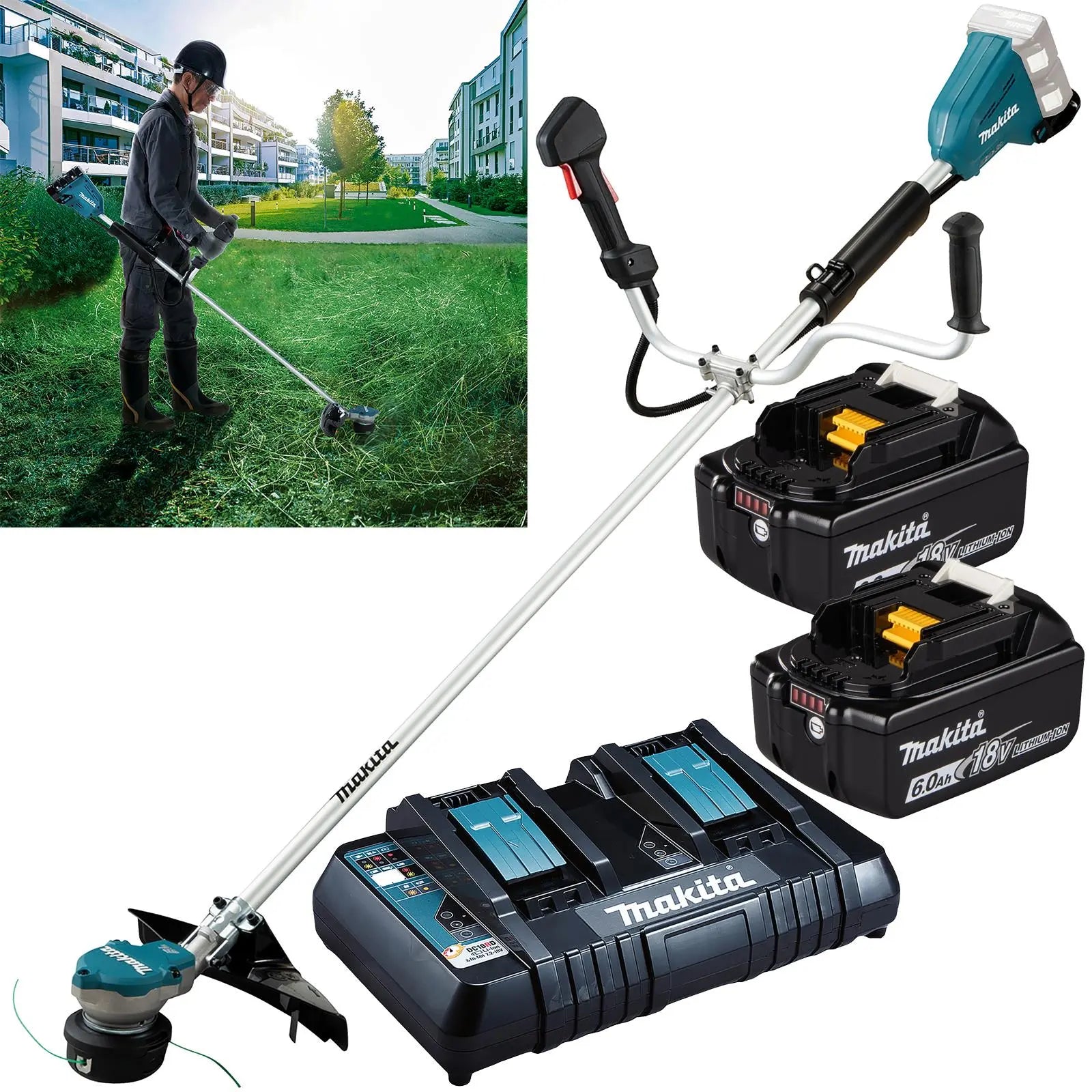 Makita Brush Cutter Kit 2 x 18V LXT Brushless Cordless Garden Lawn Strimming 2 x 6Ah Battery and Dual Rapid Charger DUR368APG2  White Rose Tools