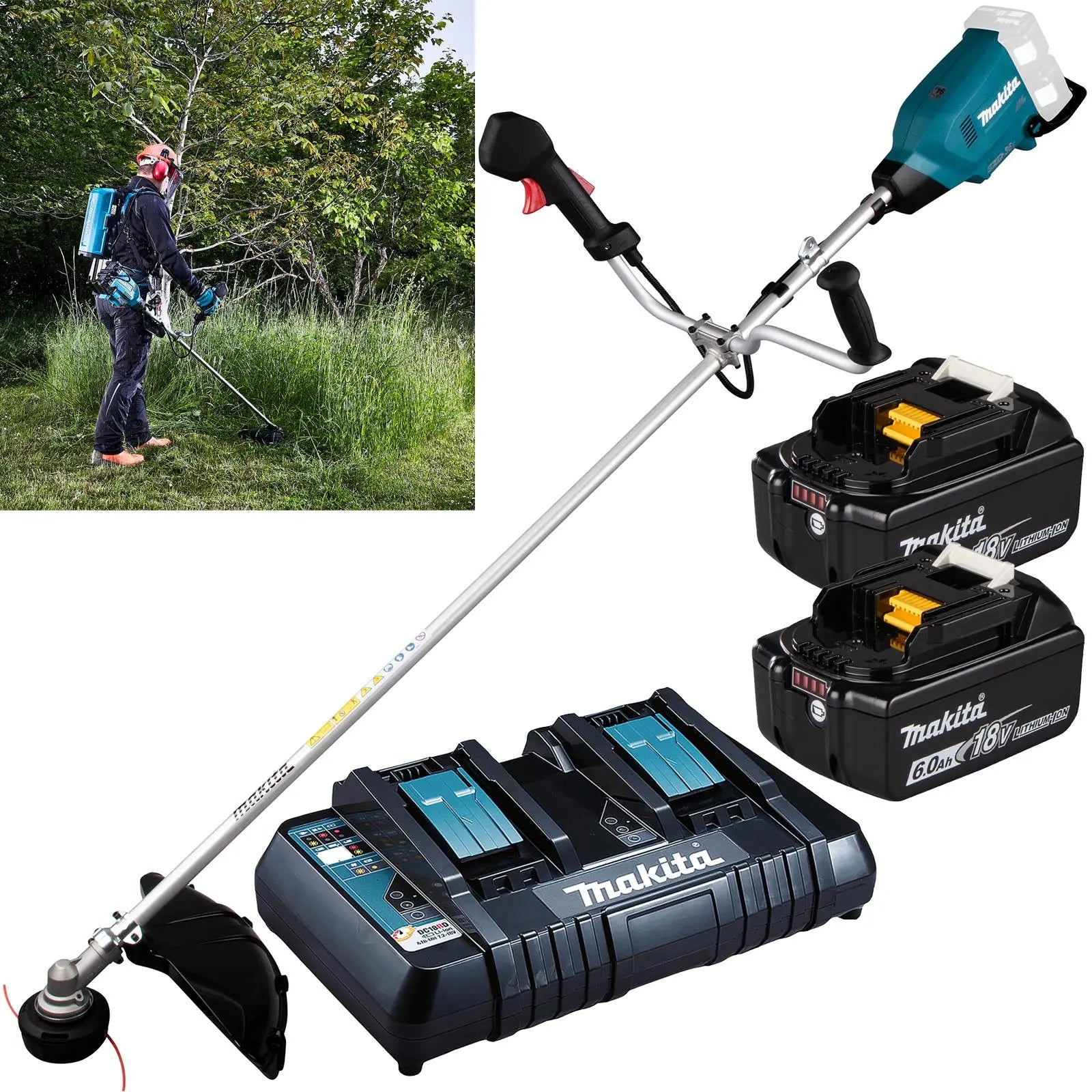 Makita Brush Cutter Kit 2 x 18V LXT Brushless Cordless Garden Lawn Strimming 2 x 6Ah Battery and Dual Rapid Charger DUR369APG2  White Rose Tools