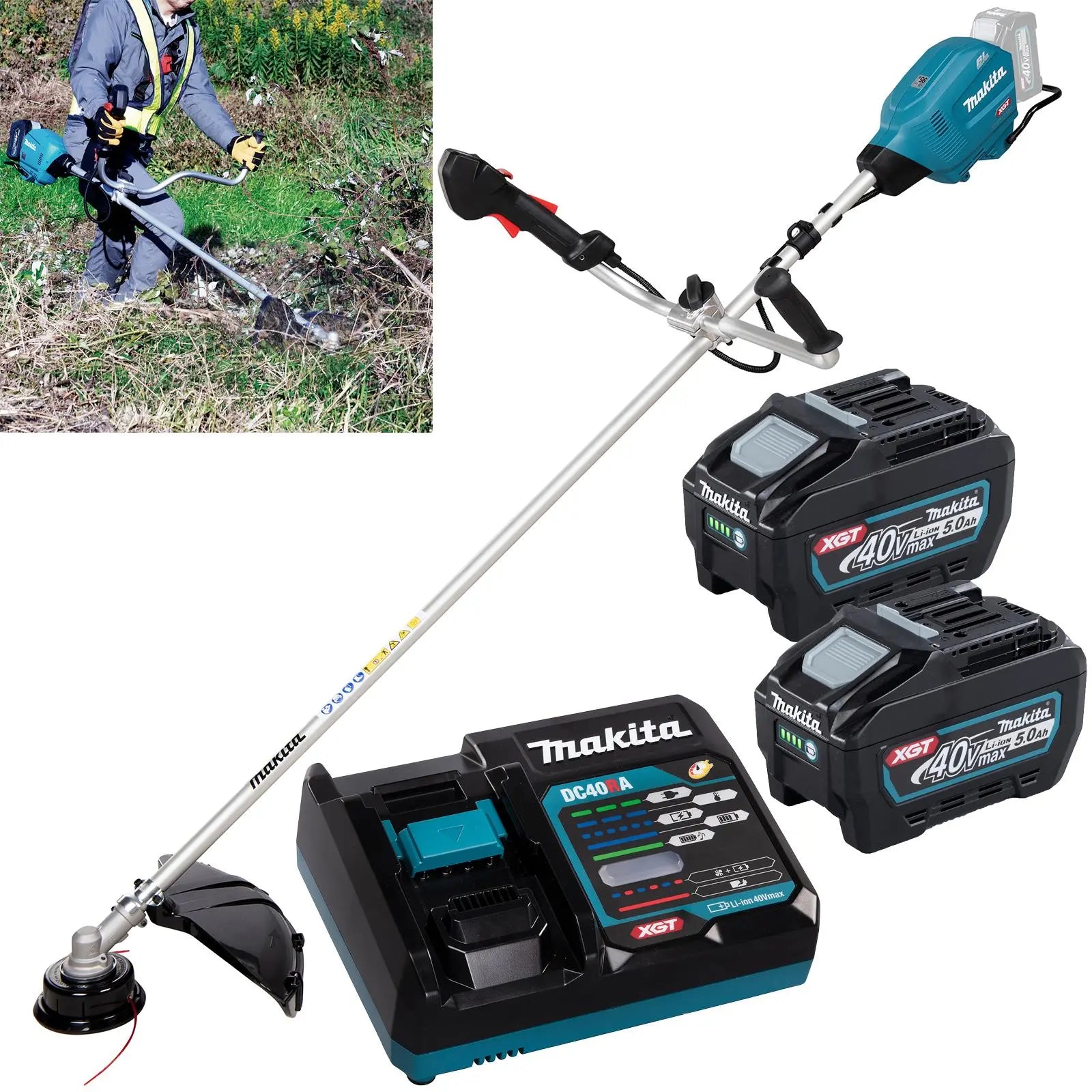 Makita Brush Cutter Kit 40V XGT Li-ion Brushless Cordless Garden Lawn Strimmer Strimming 2 x 5Ah Battery and Rapid Charger UR013GT206  White Rose Tools