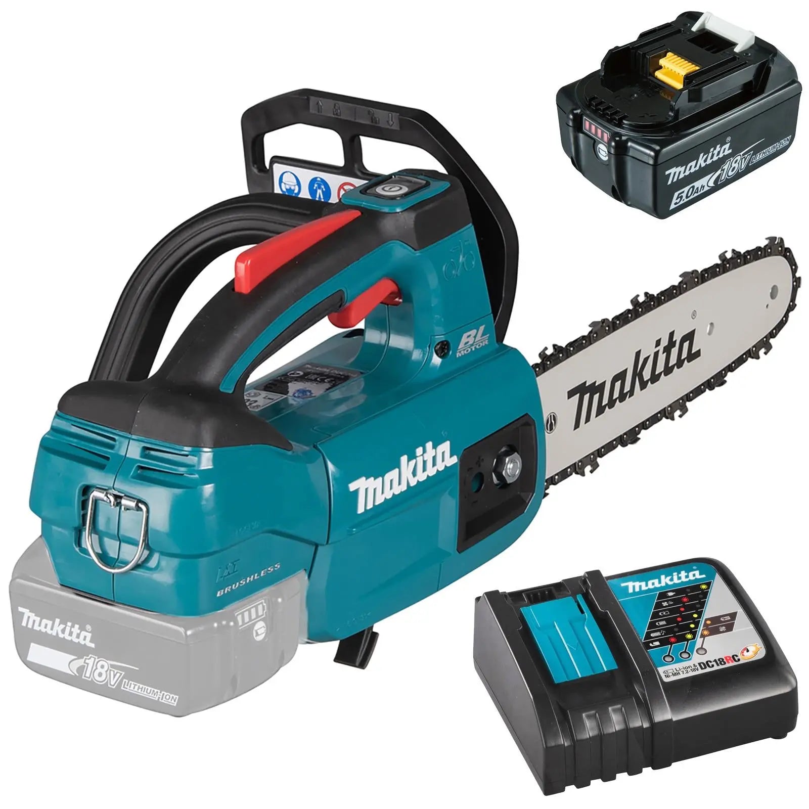 Makita Chainsaw Kit 25cm 10" 18V LXT Brushless Cordless 5Ah Battery and Charger Top Handle Garden Tree Cutting Pruning DUC254RT  White Rose Tools