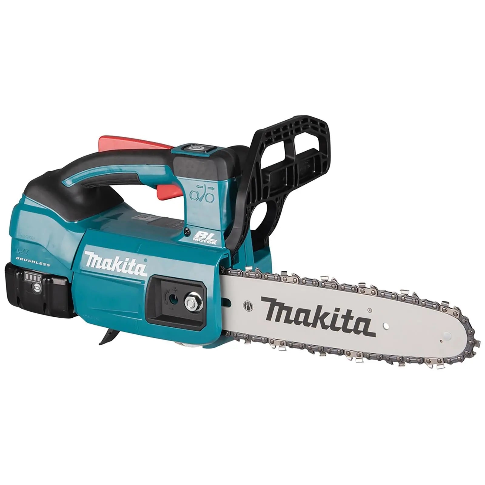Makita Chainsaw Kit 25cm 10" 18V LXT Brushless Cordless 5Ah Battery and Charger Top Handle Garden Tree Cutting Pruning DUC254RT White Rose Tools