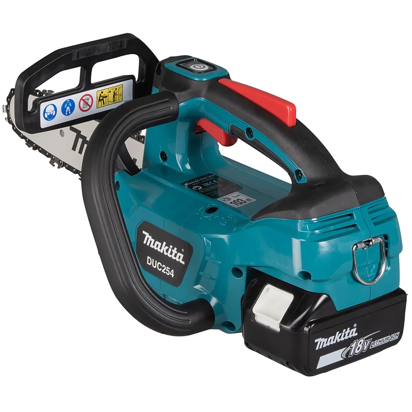 Makita Chainsaw Kit 25cm 10" 18V LXT Brushless Cordless 5Ah Battery and Charger Top Handle Garden Tree Cutting Pruning DUC254RT White Rose Tools