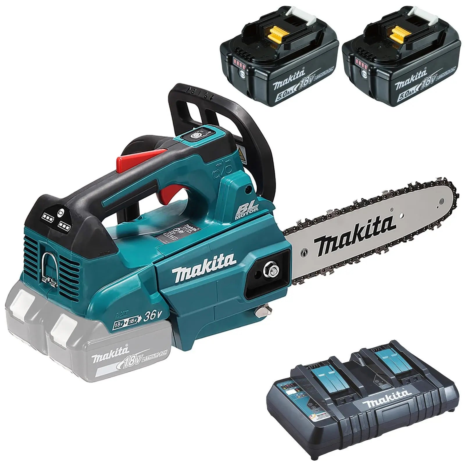 Makita Chainsaw Kit 25cm 10" 18V x 2 LXT Brushless Cordless 2 x 5Ah Battery and Dual Rapid Charger Top Handle Garden Tree Cutting Pruning DUC256PT2  White Rose Tools