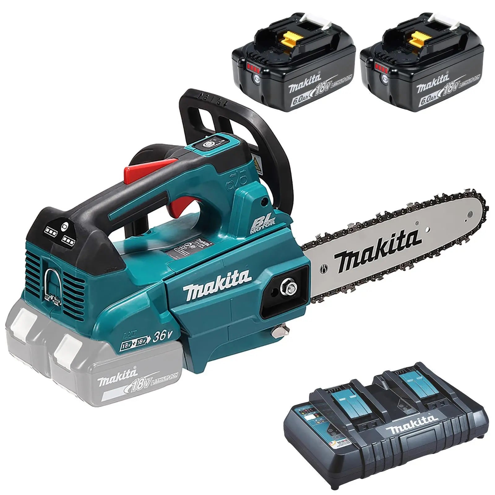Makita Chainsaw Kit 25cm 10" 18V x 2 LXT Brushless Cordless 2 x 6Ah Battery and Dual Rapid Charger Top Handle Garden Tree Cutting Pruning DUC256PG2  White Rose Tools