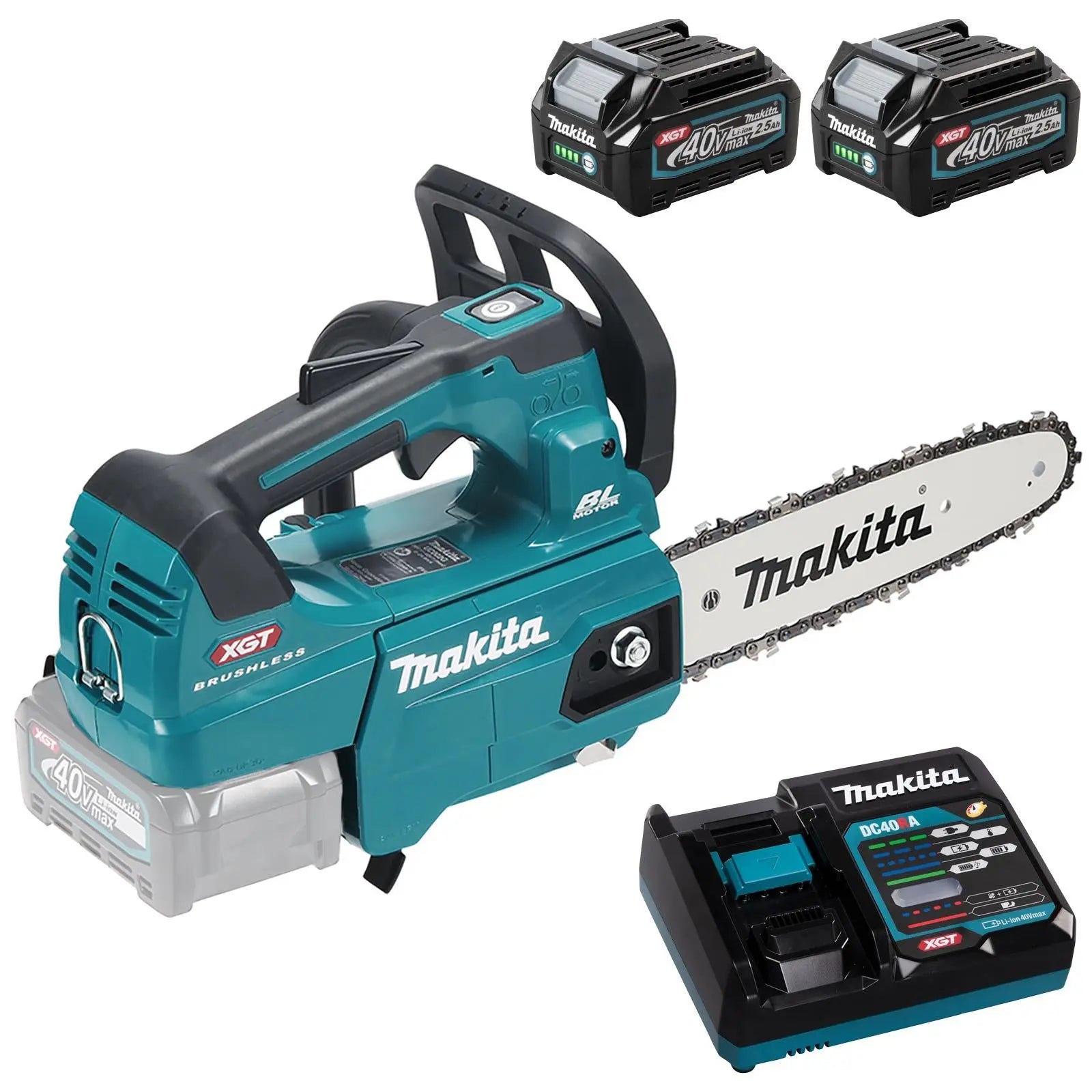 Makita Chainsaw Kit 25cm 10" 40V XGT Brushless Cordless Top Handle 2 x 2.5Ah Battery and Rapid Charger Garden Tree Cutting Pruning UC002GD202  White Rose Tools