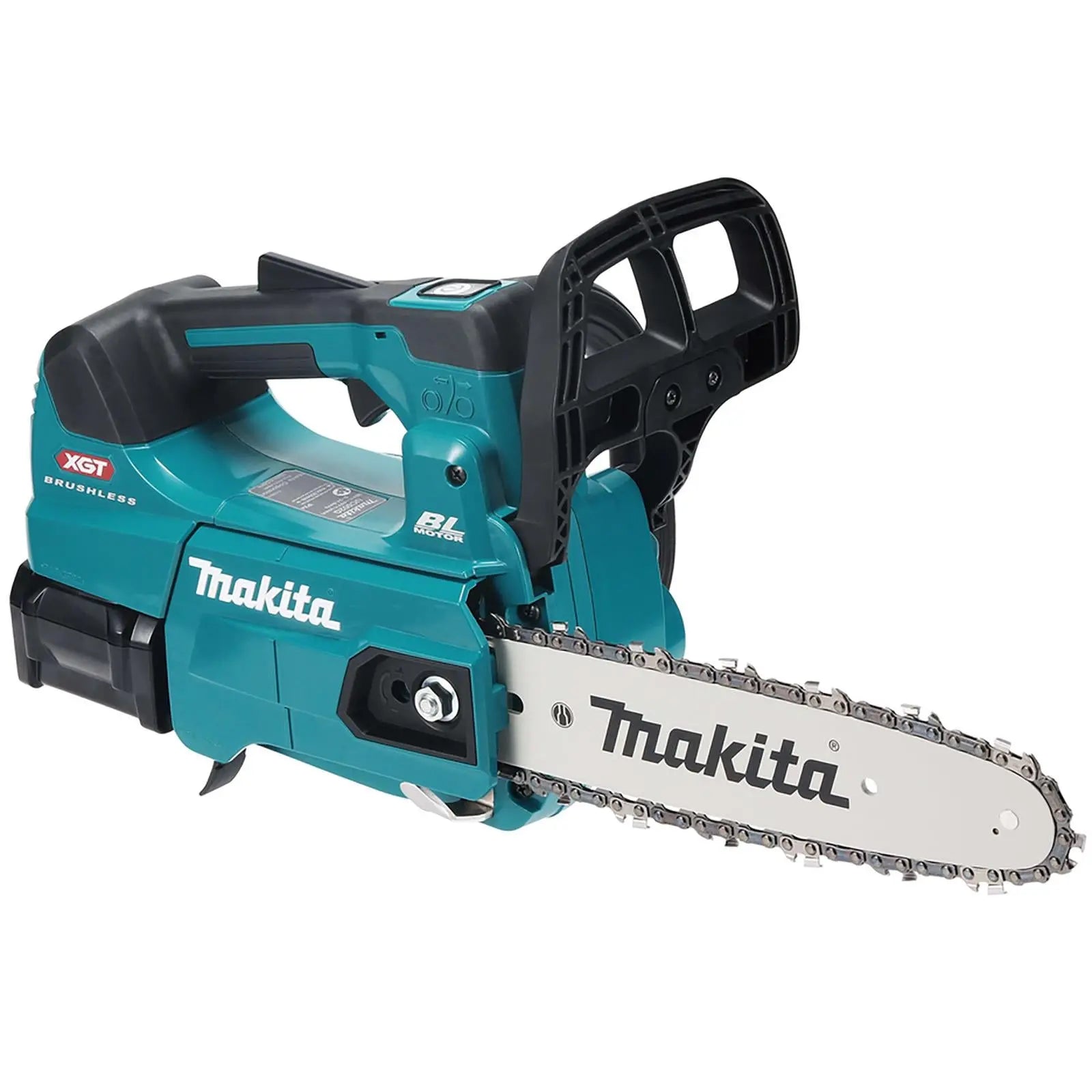 Makita Chainsaw Kit 25cm 10" 40V XGT Brushless Cordless Top Handle 2 x 2.5Ah Battery and Rapid Charger Garden Tree Cutting Pruning UC002GD202  White Rose Tools