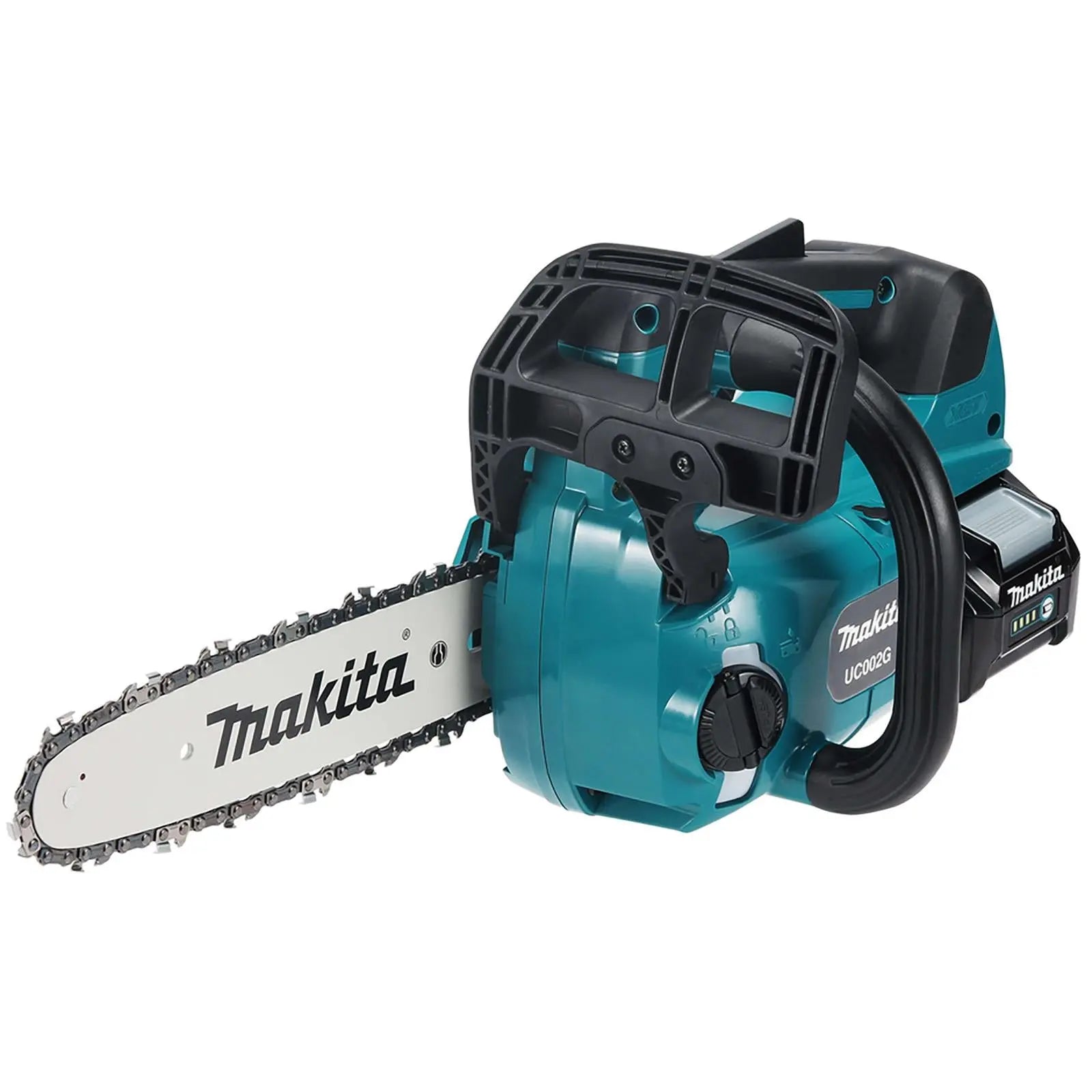 Makita Chainsaw Kit 25cm 10" 40V XGT Brushless Cordless Top Handle 2 x 2.5Ah Battery and Rapid Charger Garden Tree Cutting Pruning UC002GD202  White Rose Tools