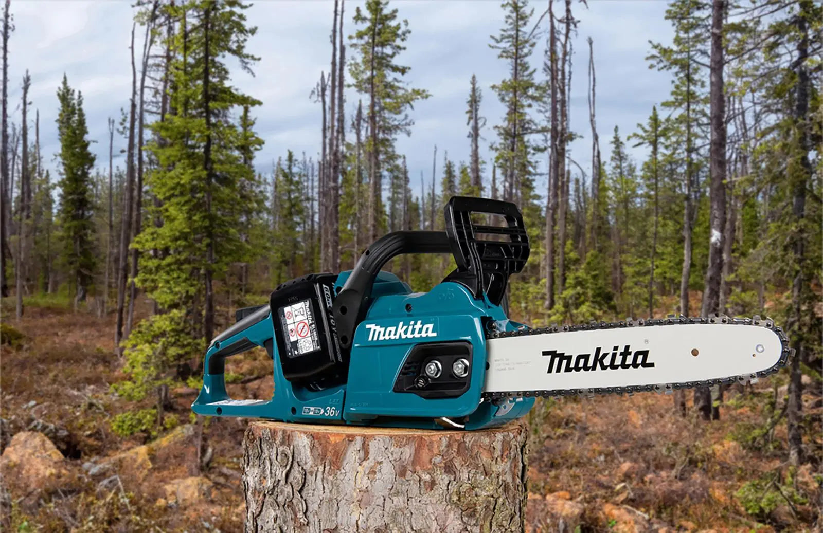 Makita Chainsaw Kit 30cm 12" 18V x 2 LXT Brushless Cordless 2 x 5Ah Battery and Dual Rapid Charger Garden Tree Cutting Pruning DUC305PT2  White Rose Tools