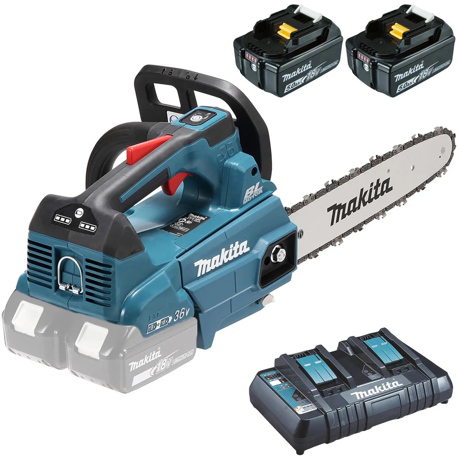 Makita Chainsaw Kit 30cm 12" 18V x 2 LXT Brushless Cordless 2 x 5Ah Battery and Dual Rapid Charger Top Handle Garden Tree Cutting Pruning DUC306PT2  White Rose Tools