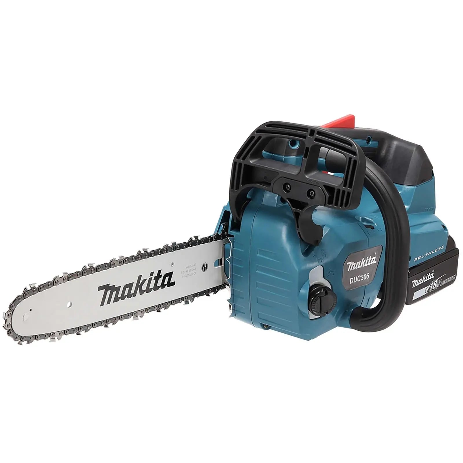 Makita Chainsaw Kit 30cm 12" 18V x 2 LXT Brushless Cordless 2 x 5Ah Battery and Dual Rapid Charger Top Handle Garden Tree Cutting Pruning DUC306PT2  White Rose Tools