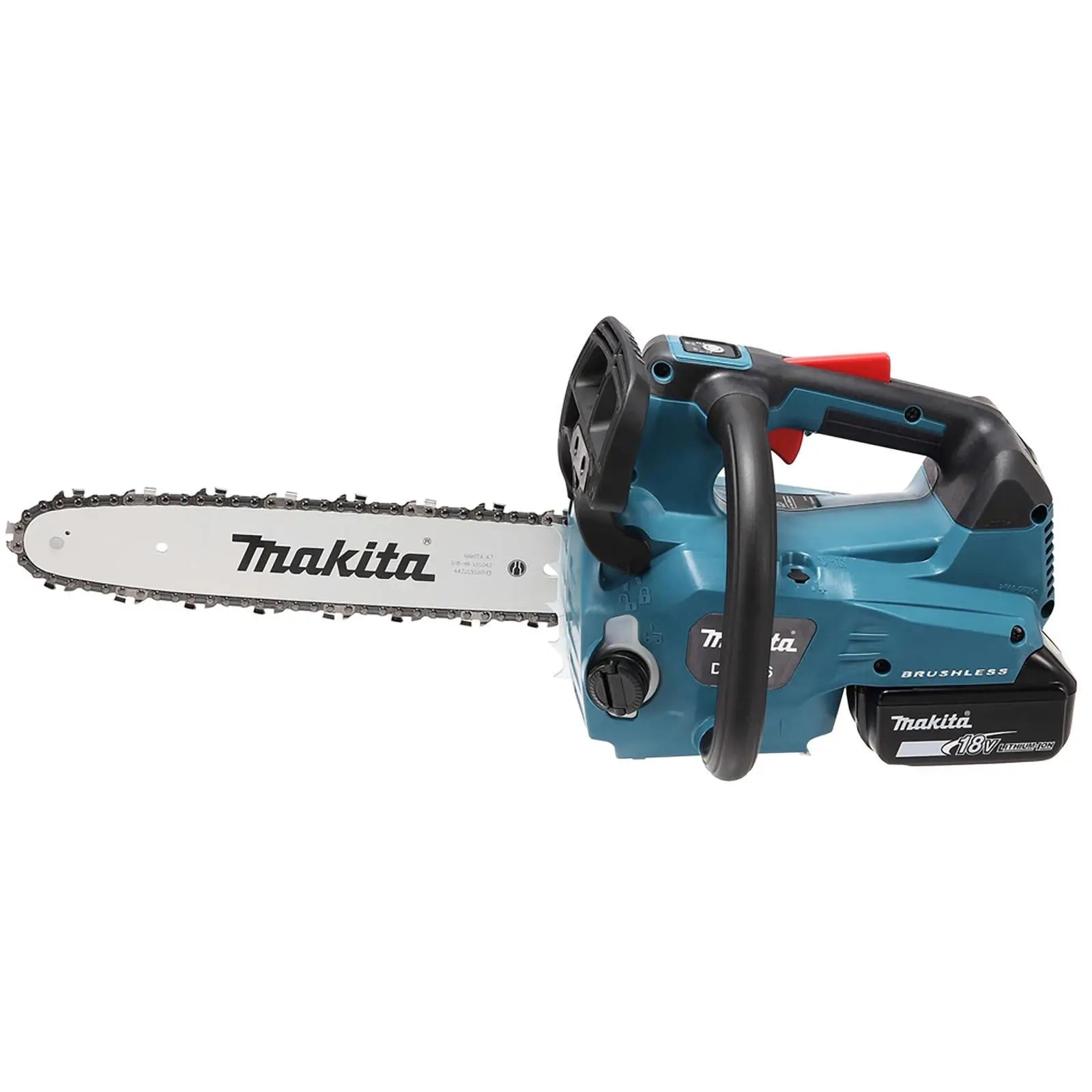 Makita Chainsaw Kit 30cm 12" 18V x 2 LXT Brushless Cordless 2 x 5Ah Battery and Dual Rapid Charger Top Handle Garden Tree Cutting Pruning DUC306PT2  White Rose Tools