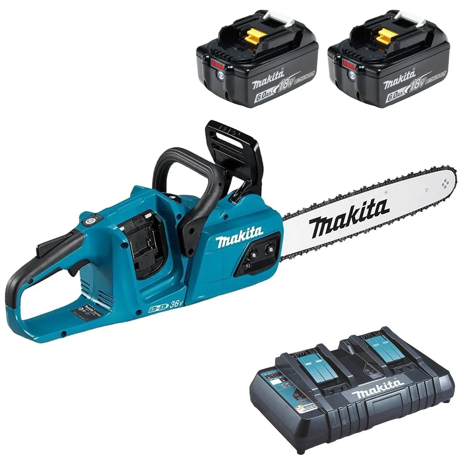 Makita Chainsaw Kit 30cm 12" 18V x 2 LXT Brushless Cordless 2 x 6Ah Battery and Dual Rapid Charger Garden Tree Cutting Pruning DUC305PG2  White Rose Tools