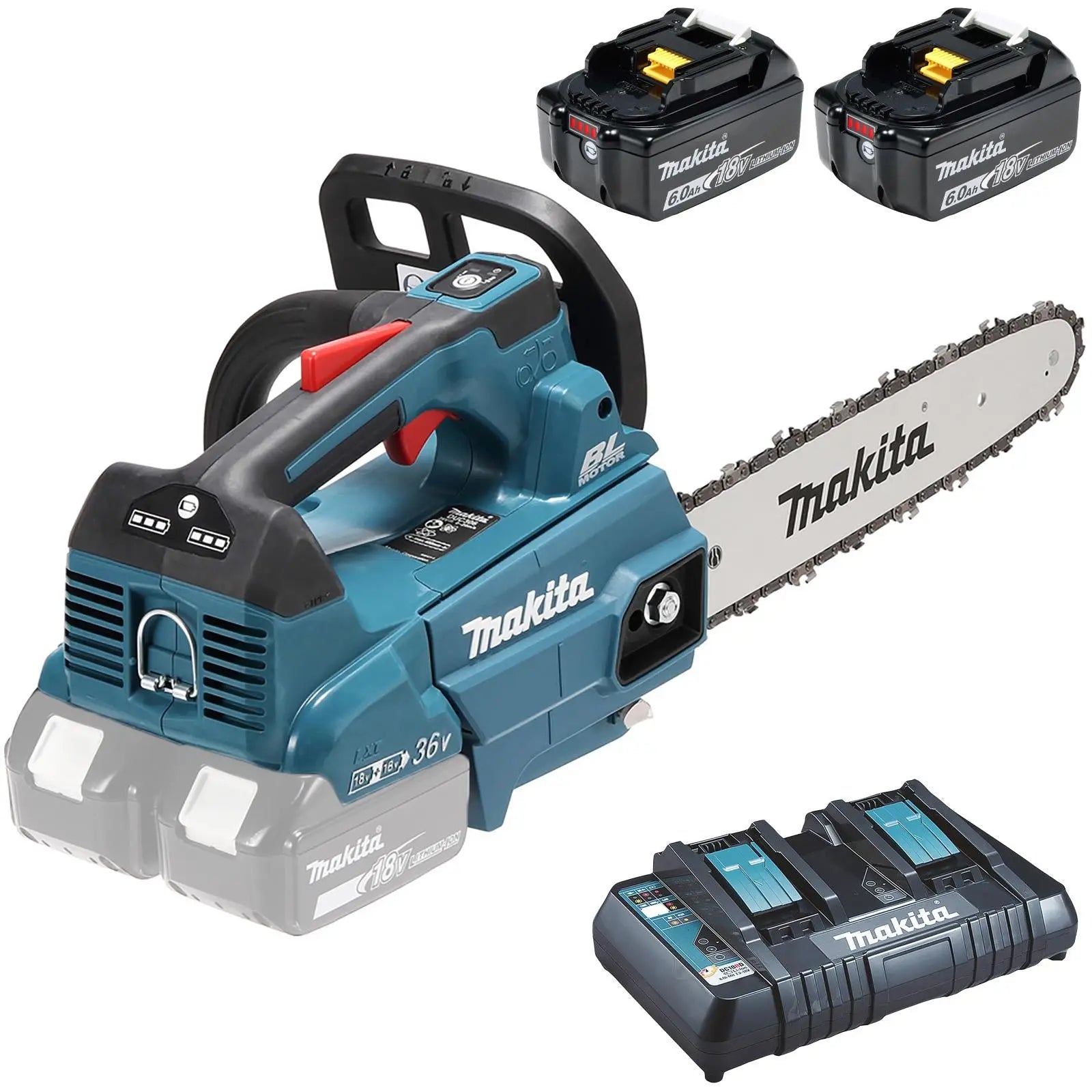 Makita Chainsaw Kit 30cm 12" 18V x 2 LXT Brushless Cordless 2 x 6Ah Battery and Dual Rapid Charger Top Handle Garden Tree Cutting Pruning DUC306PG2  White Rose Tools